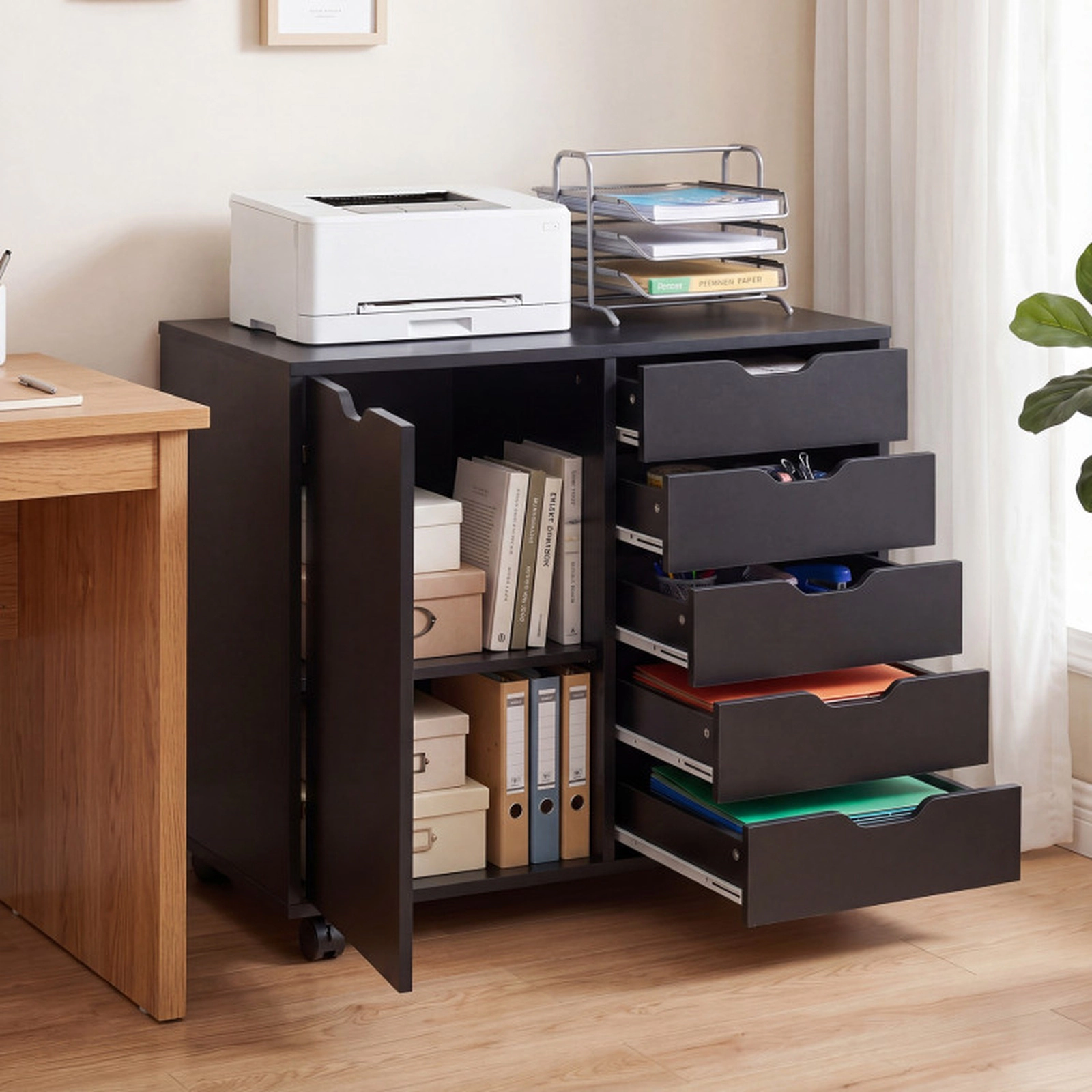 SUGIFT 5-Drawer Engineered Wood Storage Cabinet on Wheels with Adjustable Shelf 31 x 16 x 26 in Black