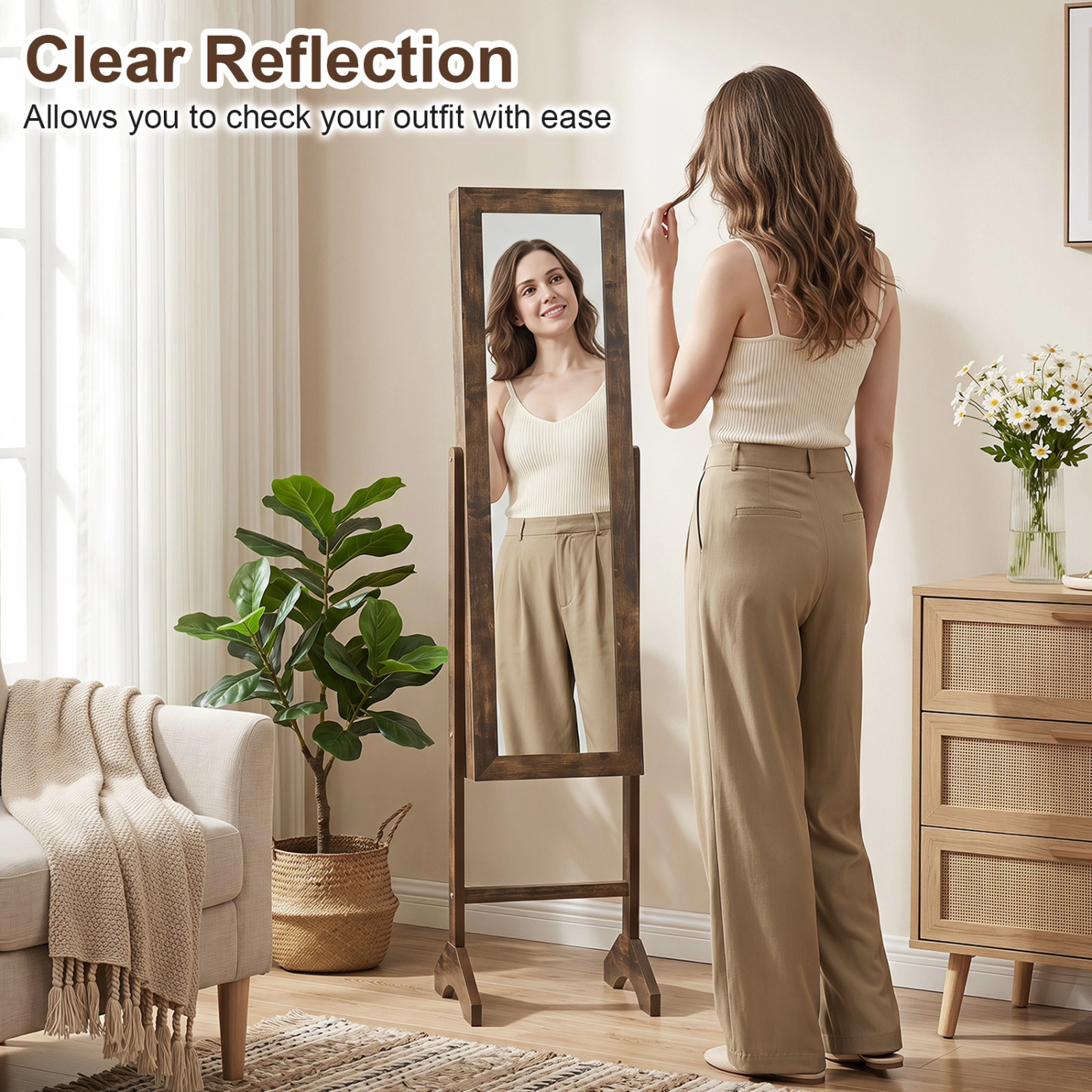SUGIFT Freestanding Jewelry Armoire with Velvet Lining and Full Length 40-in Mirror Brown