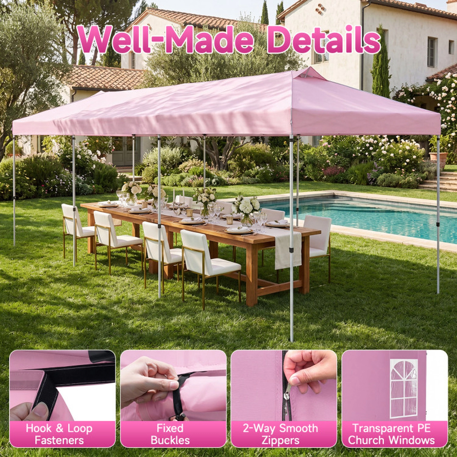SUGIFT Pink Adjustable Pop Up Party Canopy Tent with 8 Sidewalls and 17 Ground Stakes 30-ft W 10-ft D 8.5-ft H