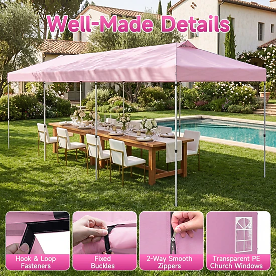 SUGIFT Pink Adjustable Pop Up Party Canopy Tent with 8 Sidewalls and 17 Ground Stakes 30-ft W 10-ft D 8.5-ft H