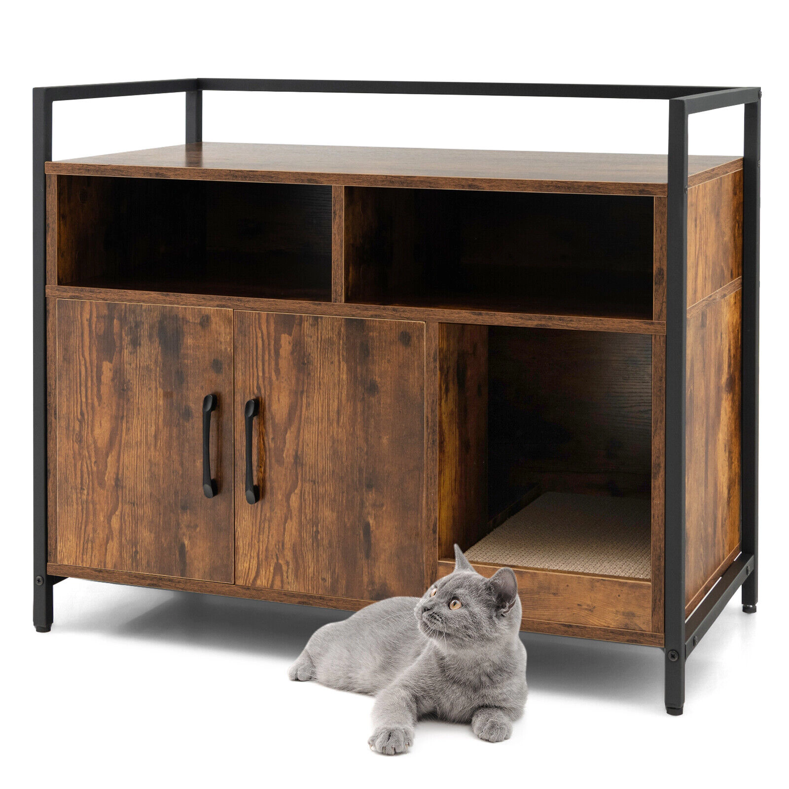 SUGIFT Hidden Cat Washroom Cabinet with Double Doors and Scratch Cardboard 110-lb Tabletop Capacity Coffee