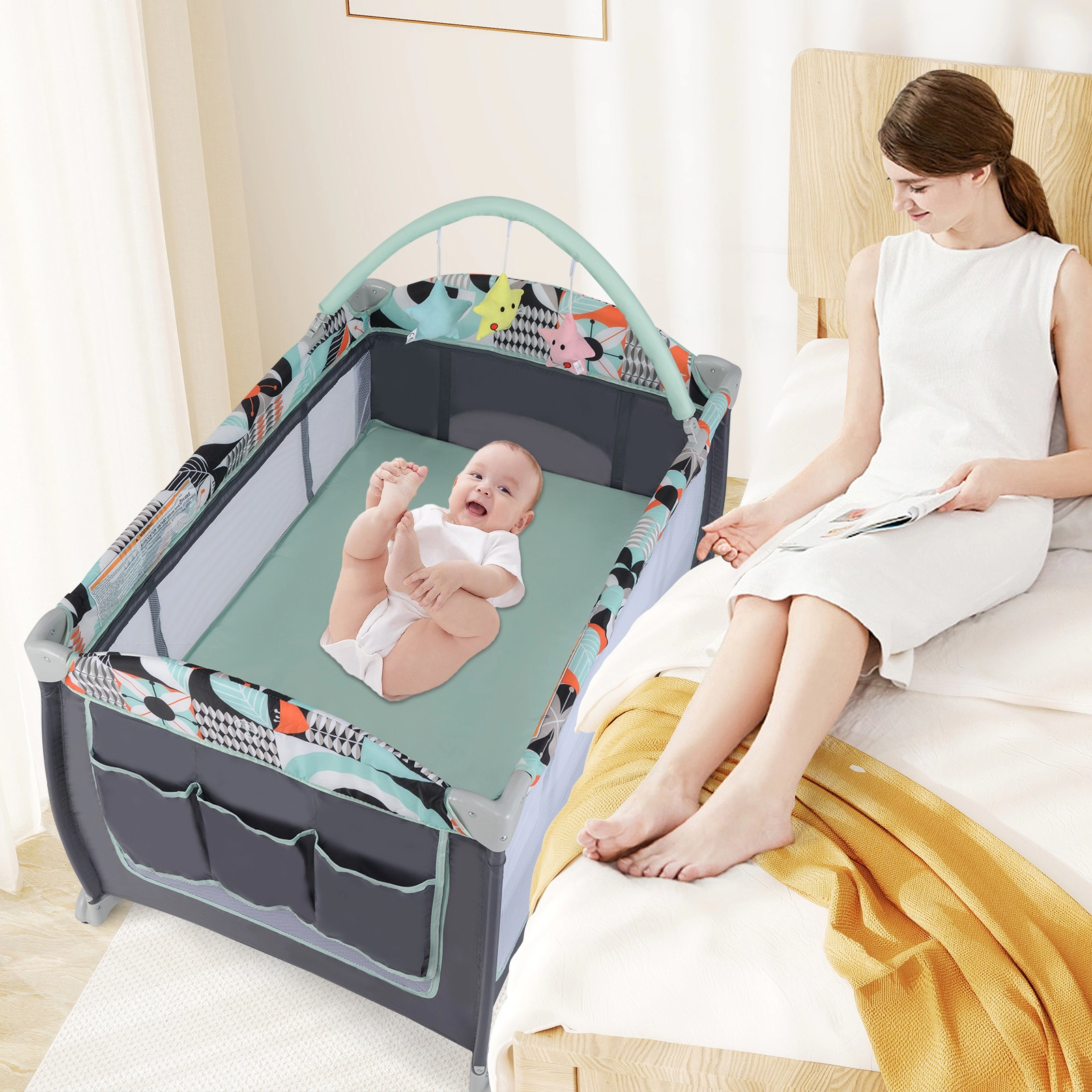 SUGIFT Baby 3-in-1 Bassinet Diaper Table Zippered Door Toy Bar Playard 45-in x 32-in x 32.5-in 33-lb Capacity Blue