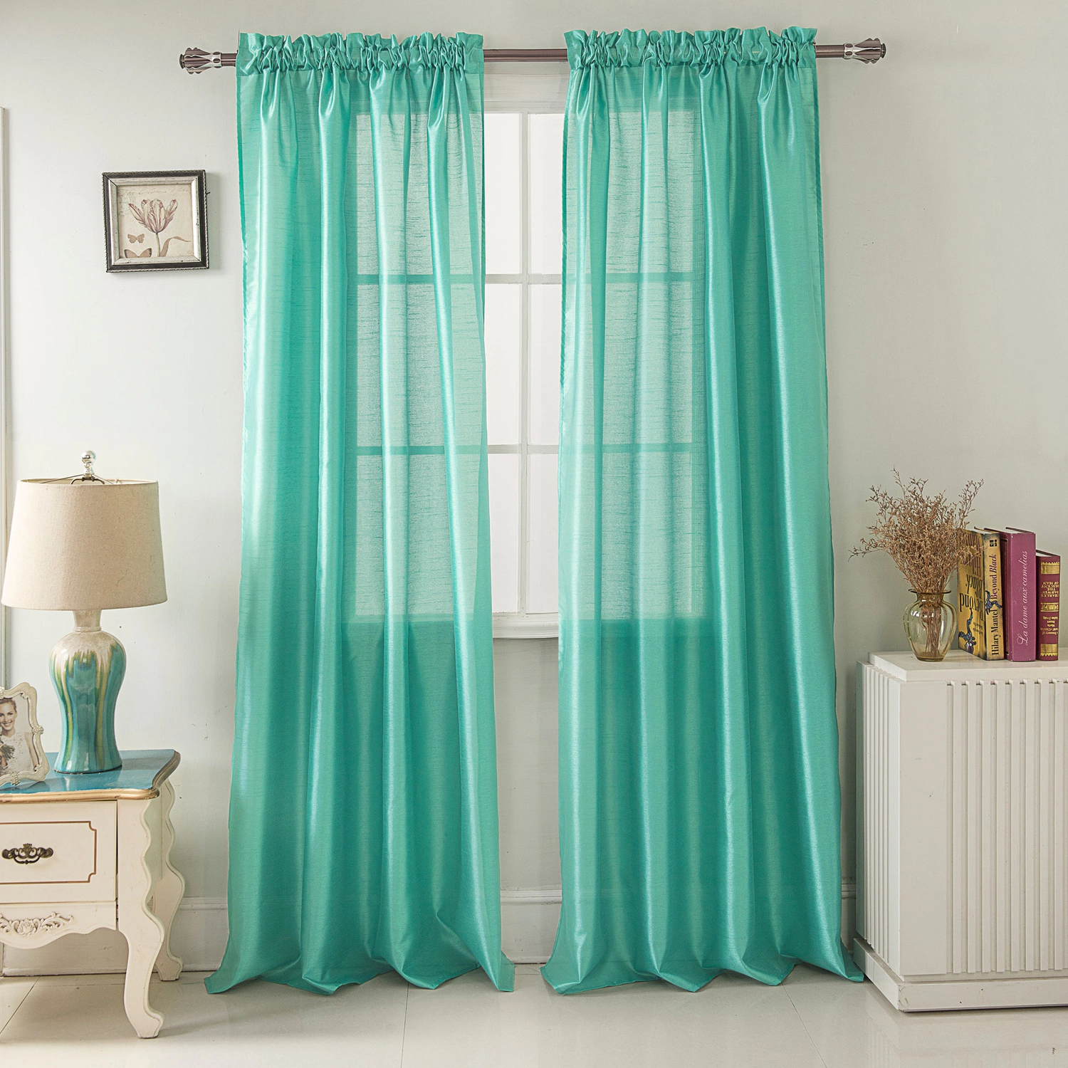 RT Designers Collection 100% Polyester 82 GSM Faux Silk Nikki Rod Pocket Curtain Panel 54" x 90" Aqua