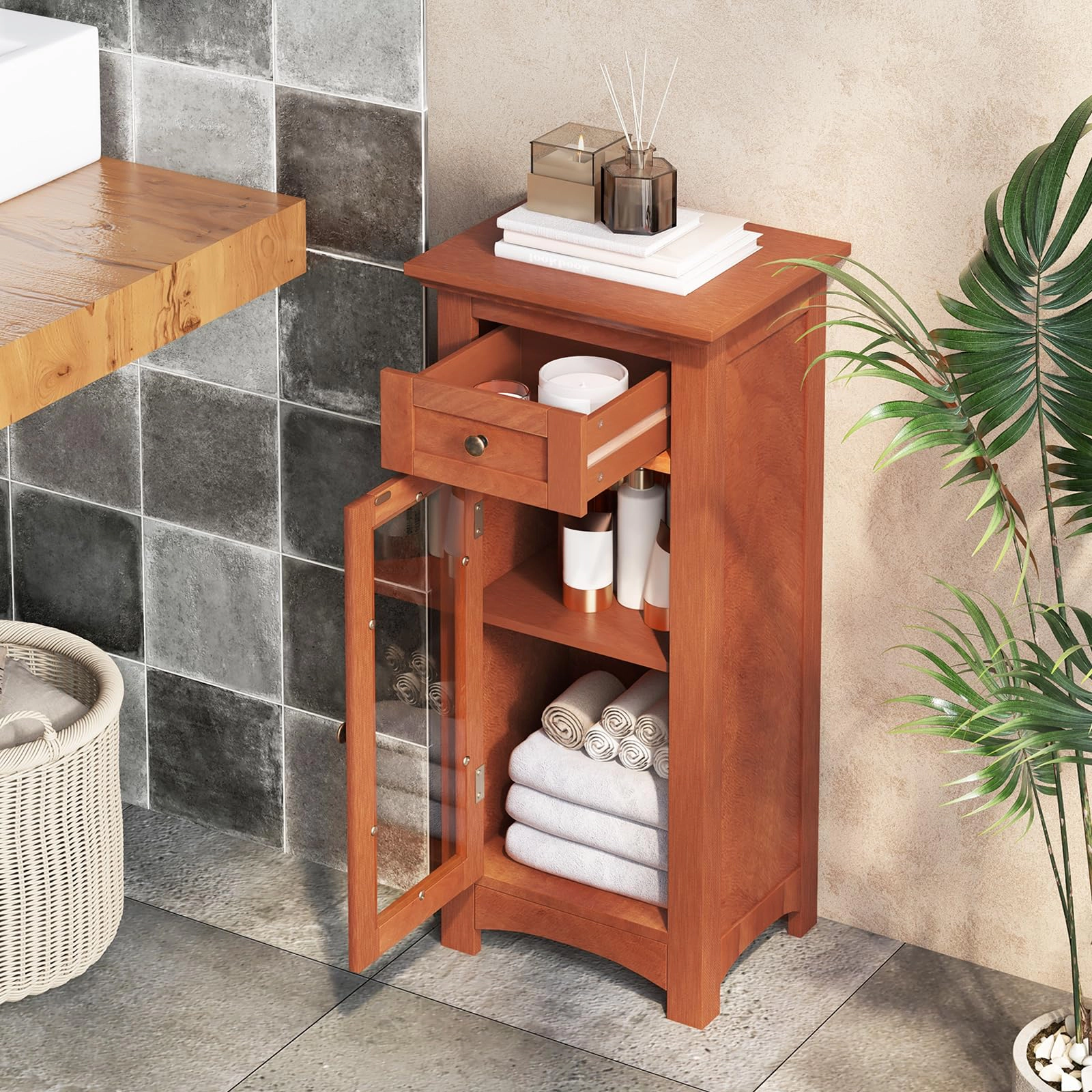 Glintex Bathroom Cabinet with Tempered Glass Door Drawer and 145-Lb Capacity, Brown