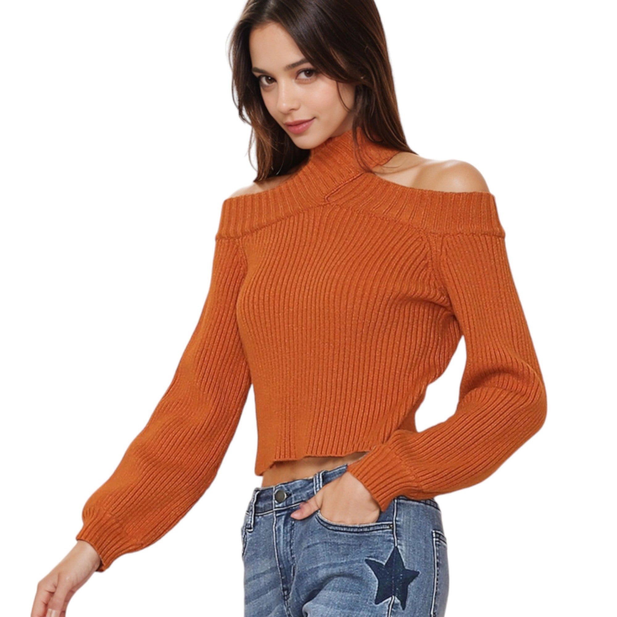 Anna-Kaci Women's Turtleneck Cold Shoulder Cropped Long Sleeve Sweater