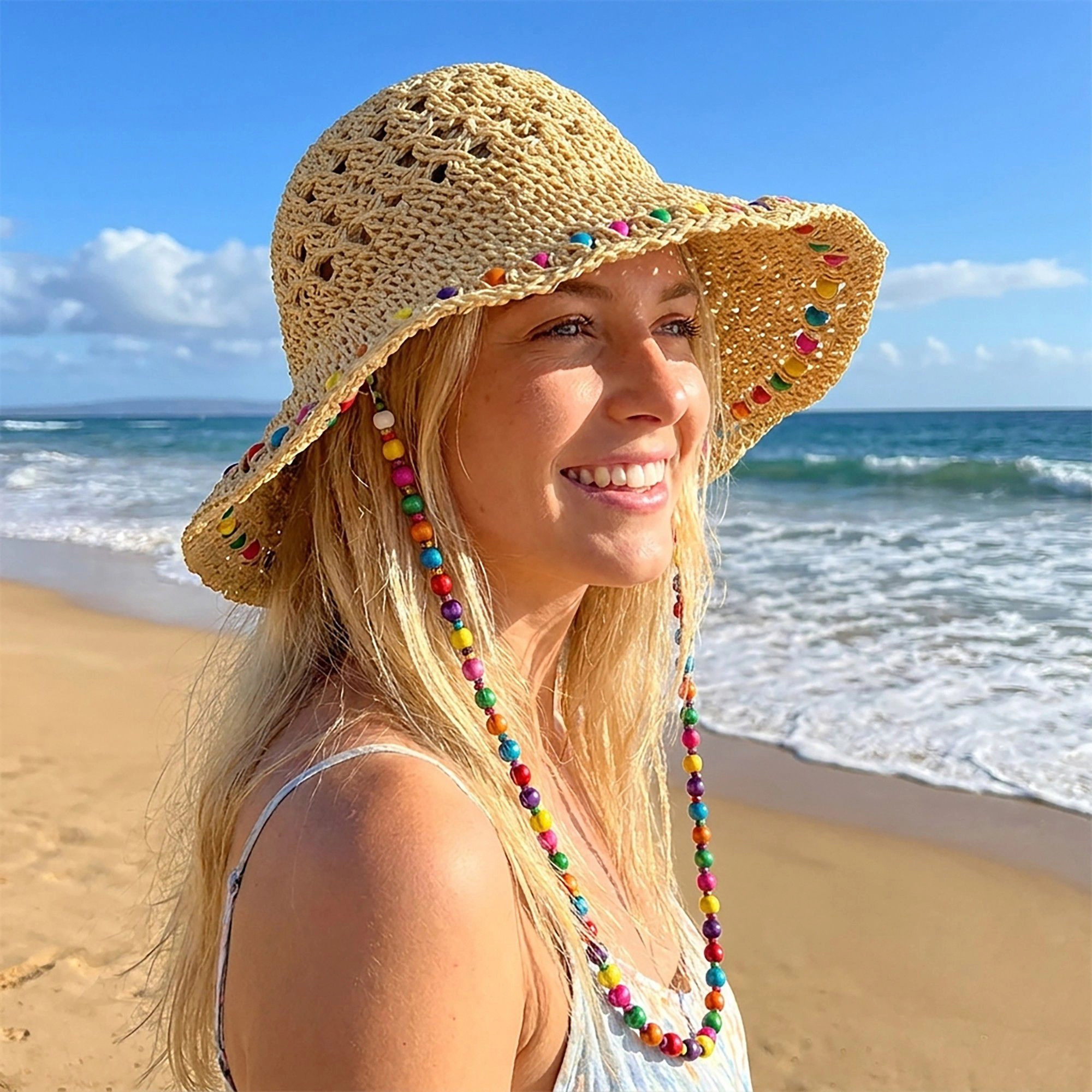 Anna-Kaci Women's Crochet Bucket Sun Hat with Beaded Chin Strap and Open Weave Brim