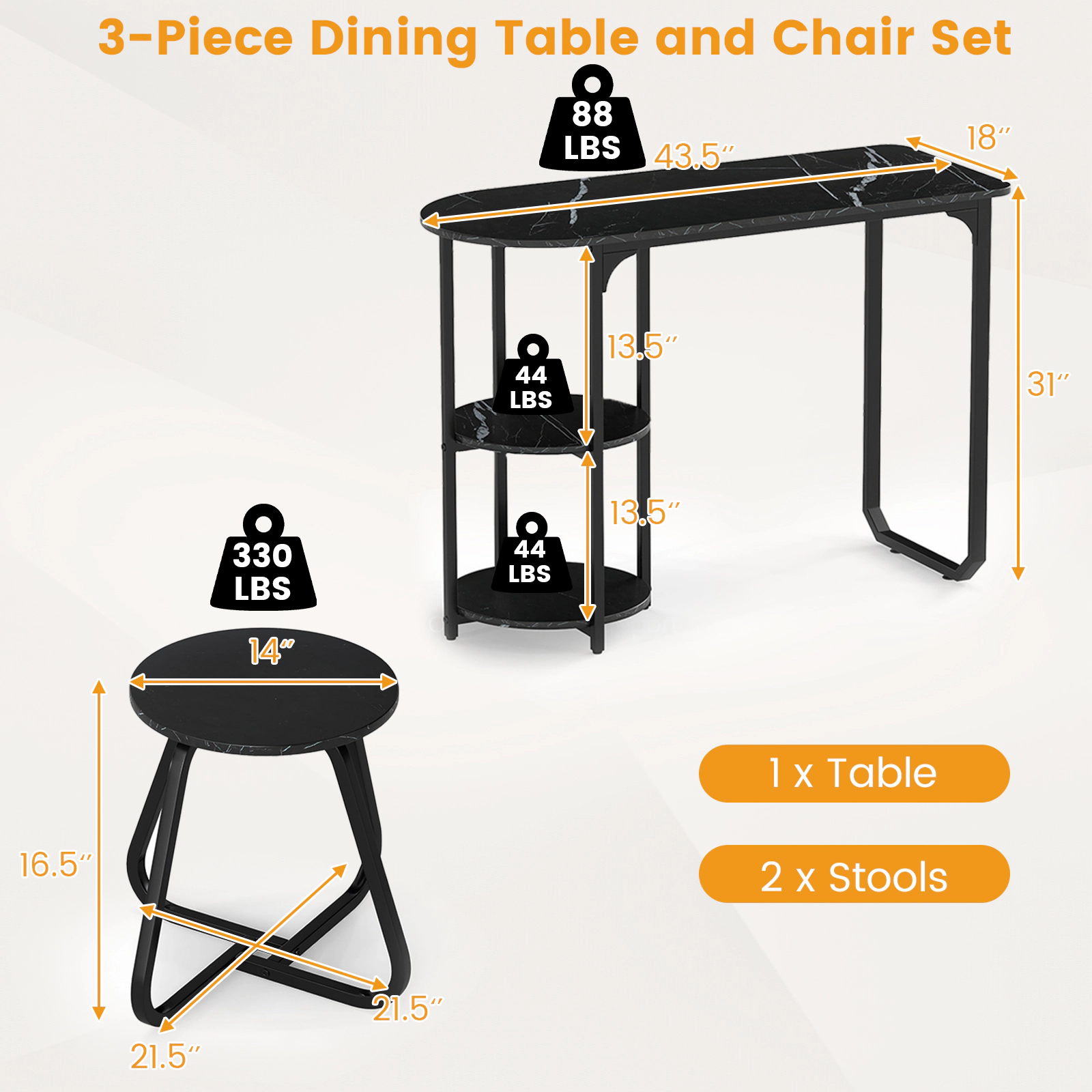 SUGIFT 3-Piece Industrial Dining Table Set Side Shelves 88-lb Table 330-lb Stools 43.5-in Table Rustic Brown & Black