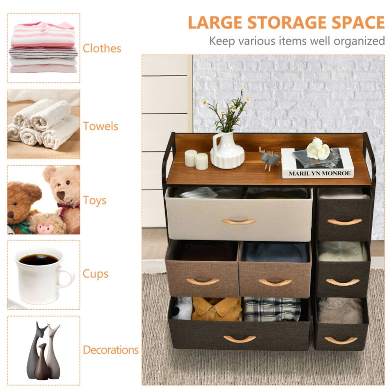 Glintex 7-Drawer Fabric Dresser with Steel Frame and Wood Top, Cream
