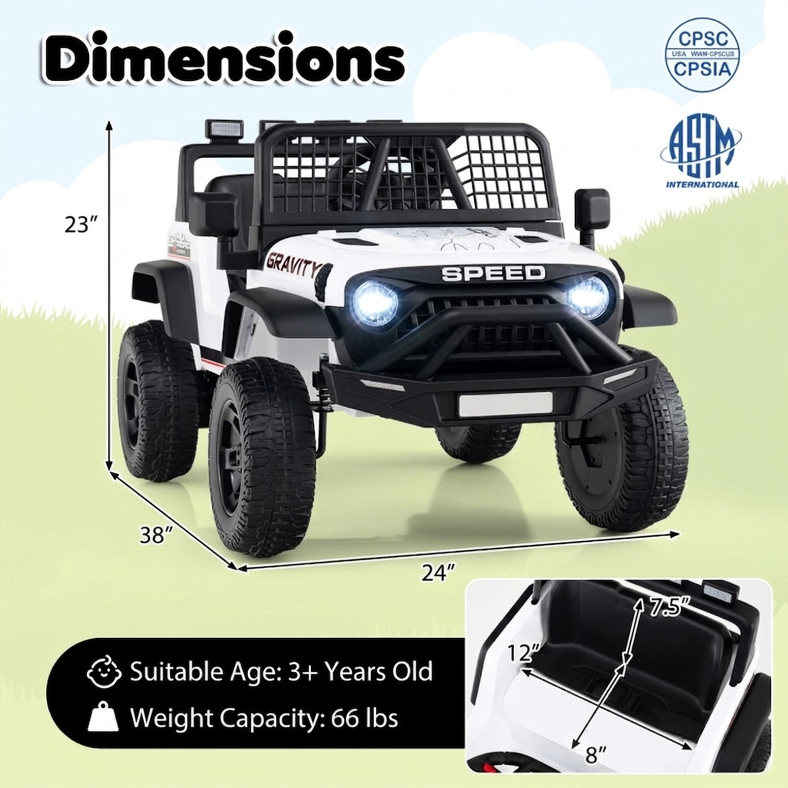 SUGIFT 24V White Kids Ride-On Car with Parent Remote Control 6 Songs and LED Headlights 38-in W 66-lb Rider