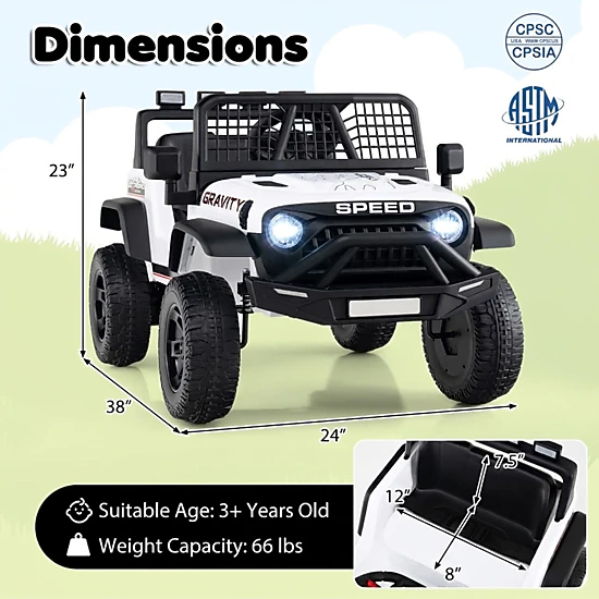 SUGIFT 24V White Kids Ride-On Car with Parent Remote Control 6 Songs and LED Headlights 38-in W 66-lb Rider