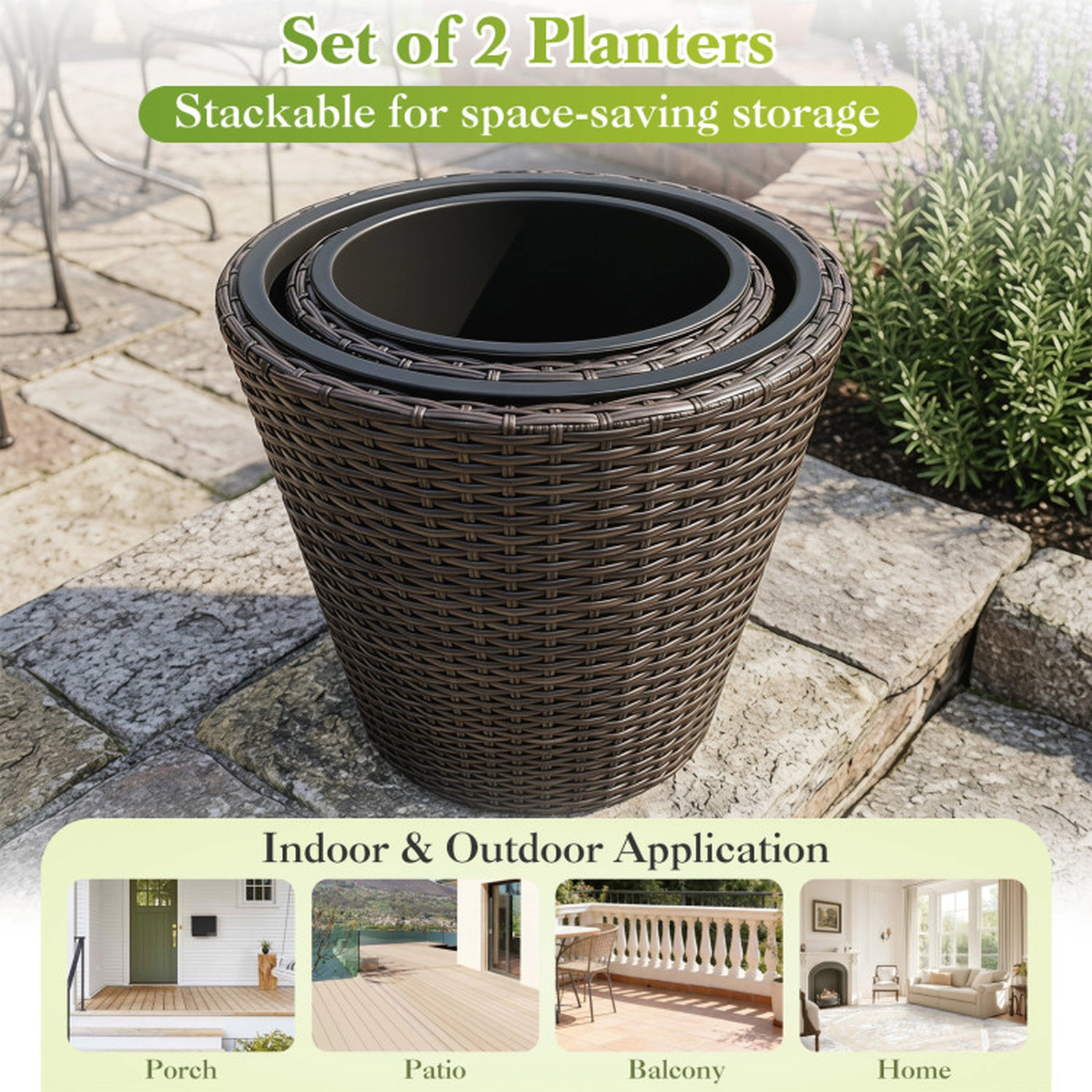 SUGIFT Set of 2 Brown Tapered Rattan Style Planters with Removable Inner Pots 15-in W 15-in D 15-in H