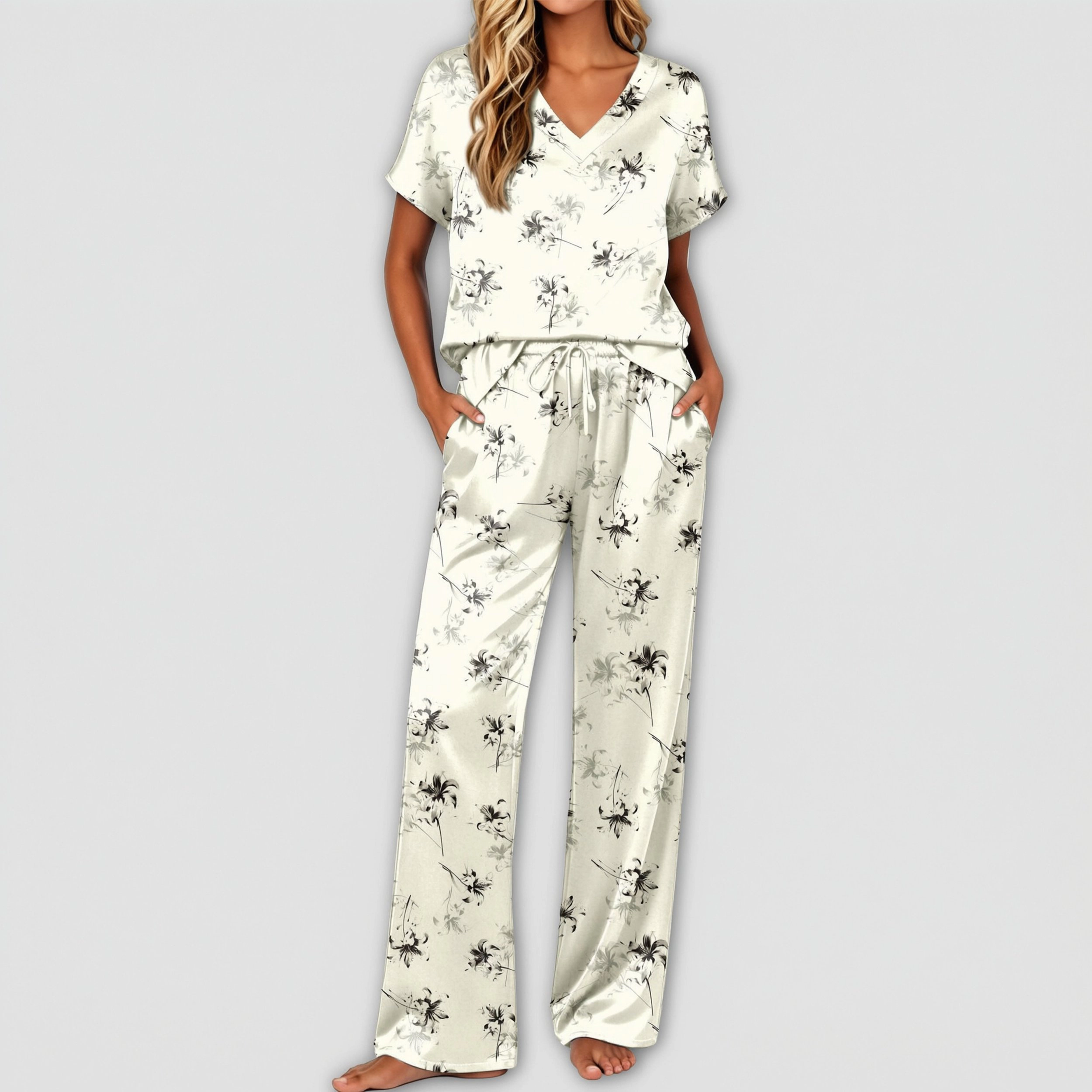 Ekouaer Silk Pajamas for Womens Two Piece Satin Cap Short Sleeve V Neck Shirt Long Pant