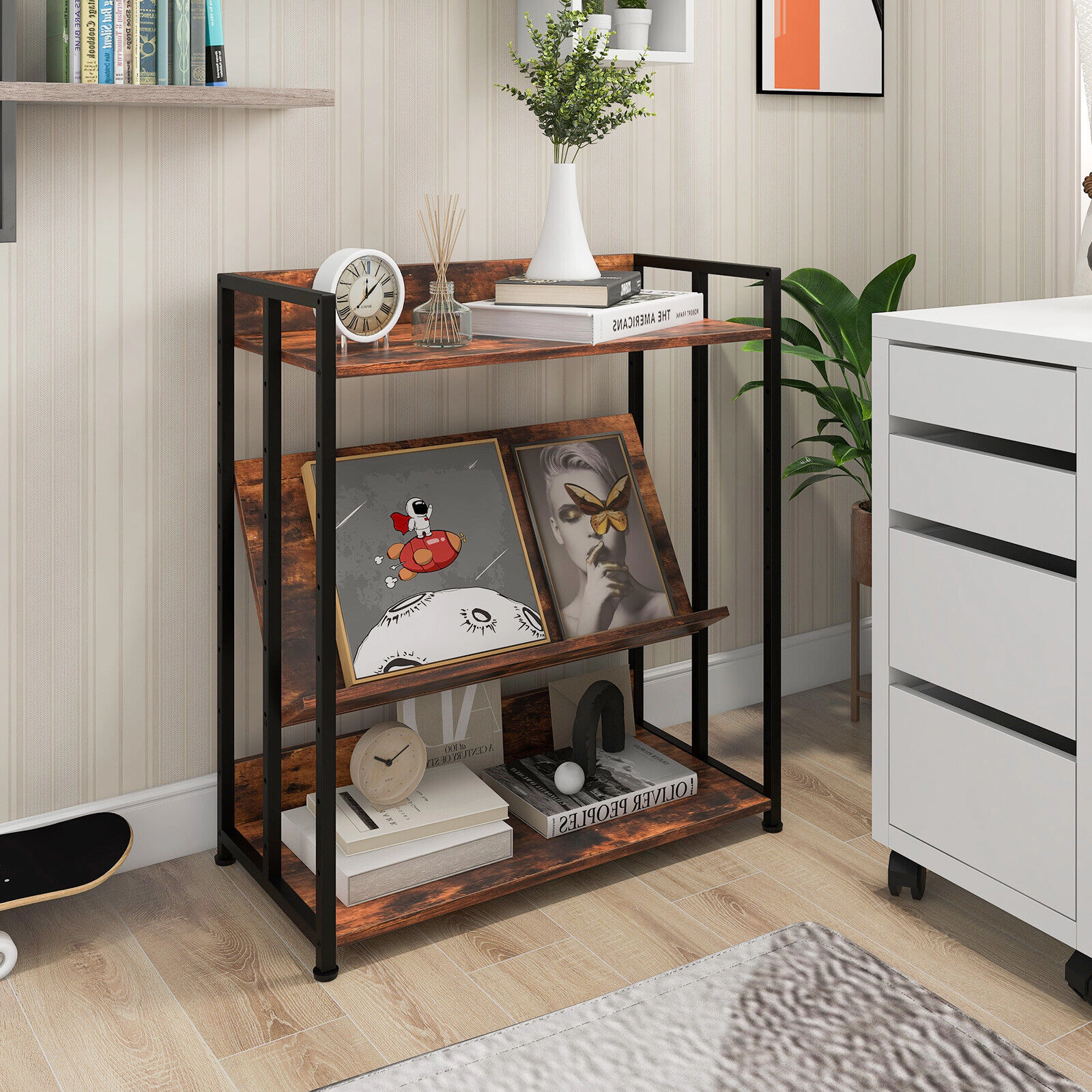 SUGIFT Rustic Brown 3-Tier Industrial Bookshelf with Adjustable Shelves and Raised Edges