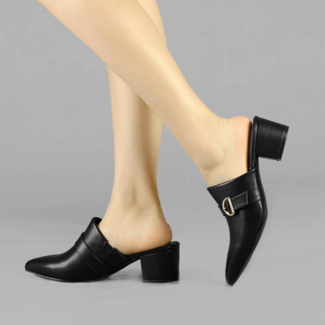BLISSFUL STEP Women's Pointed Toe Slip on Chunky Heel Block Sandals Mules