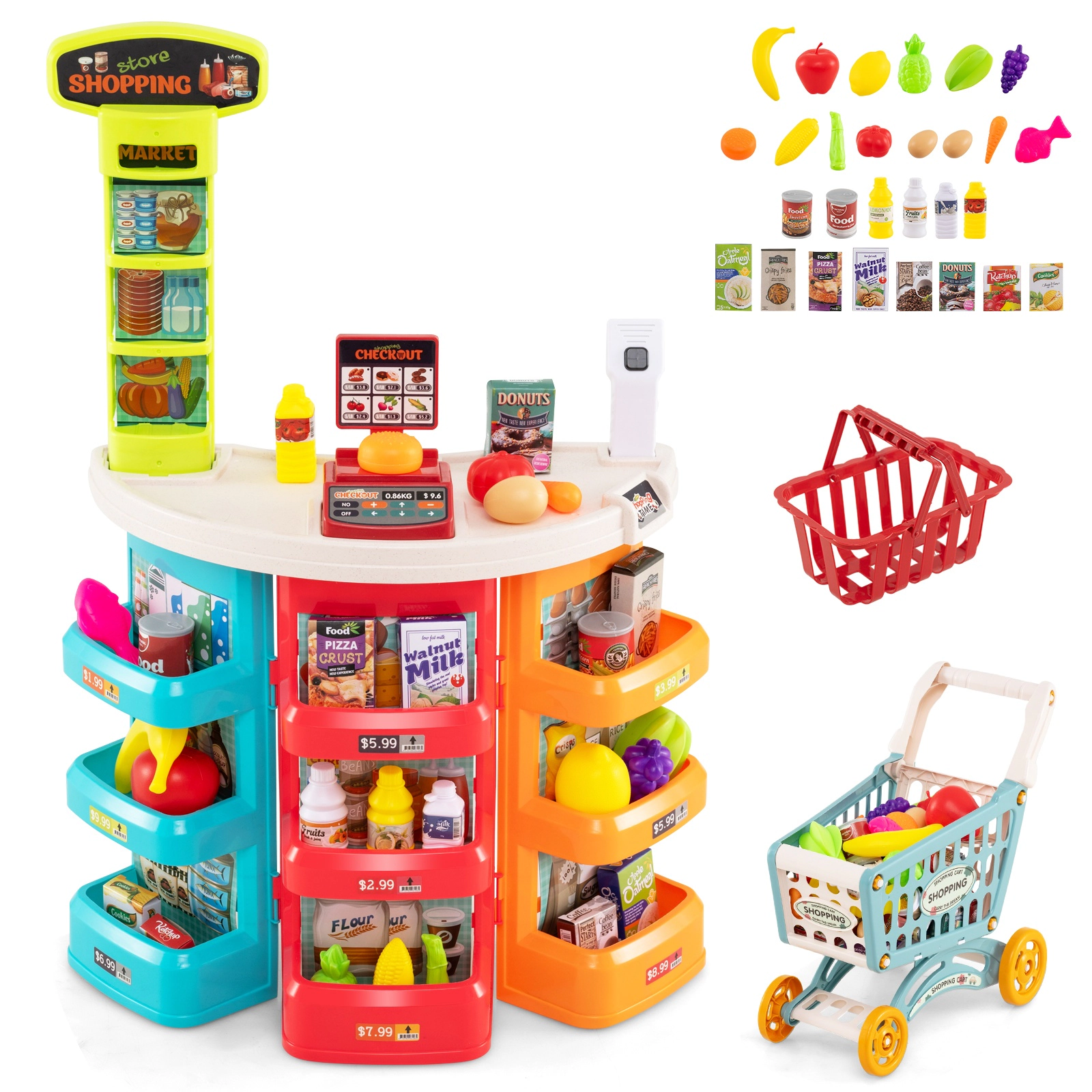 SUGIFT Blue Shopping Cart 76-Piece Kids Supermarket Playset Pretend Grocery Store