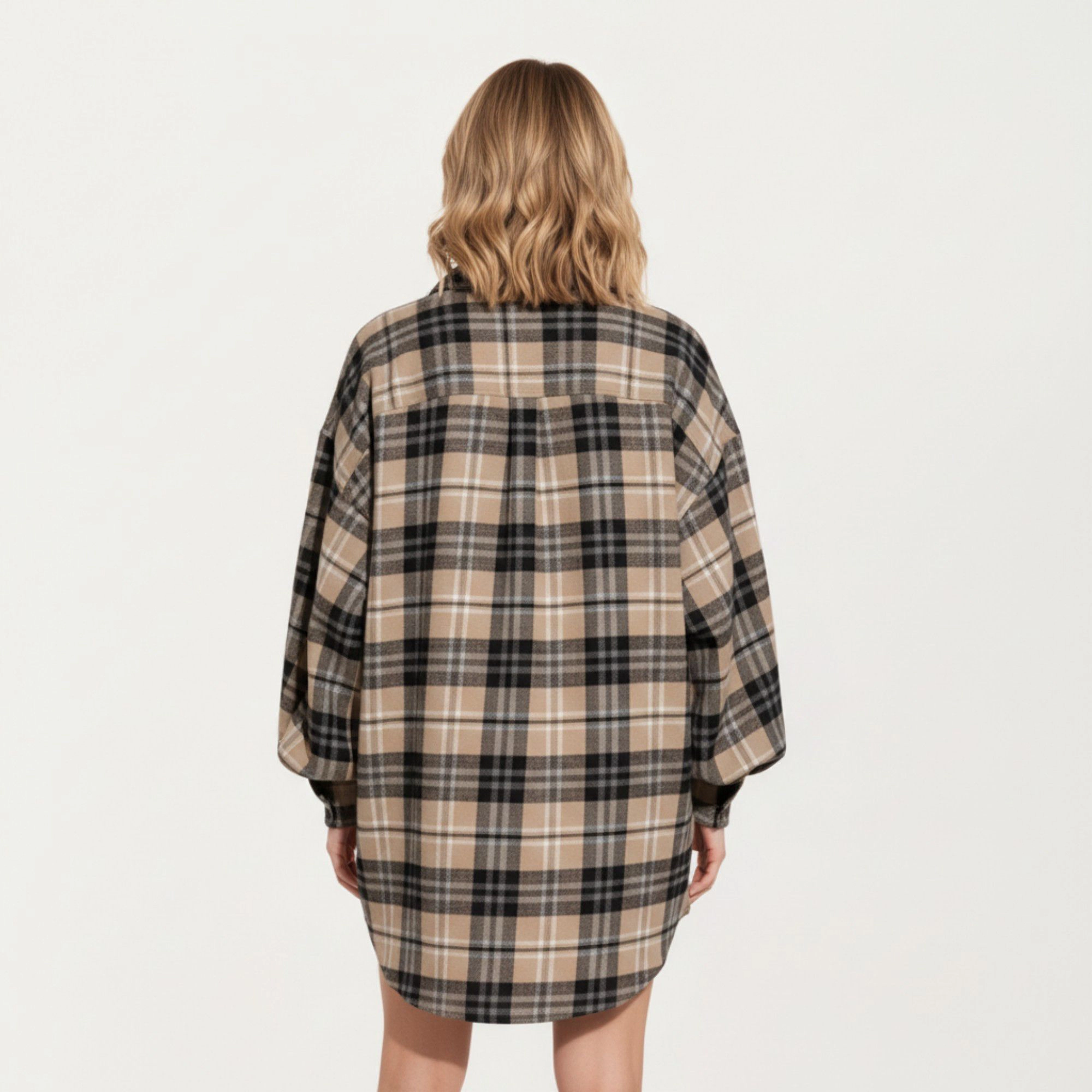Anna-Kaci Women's Oversized Plaid Long Balloon Sleeves Button Front Collar Detail Shirt Dress