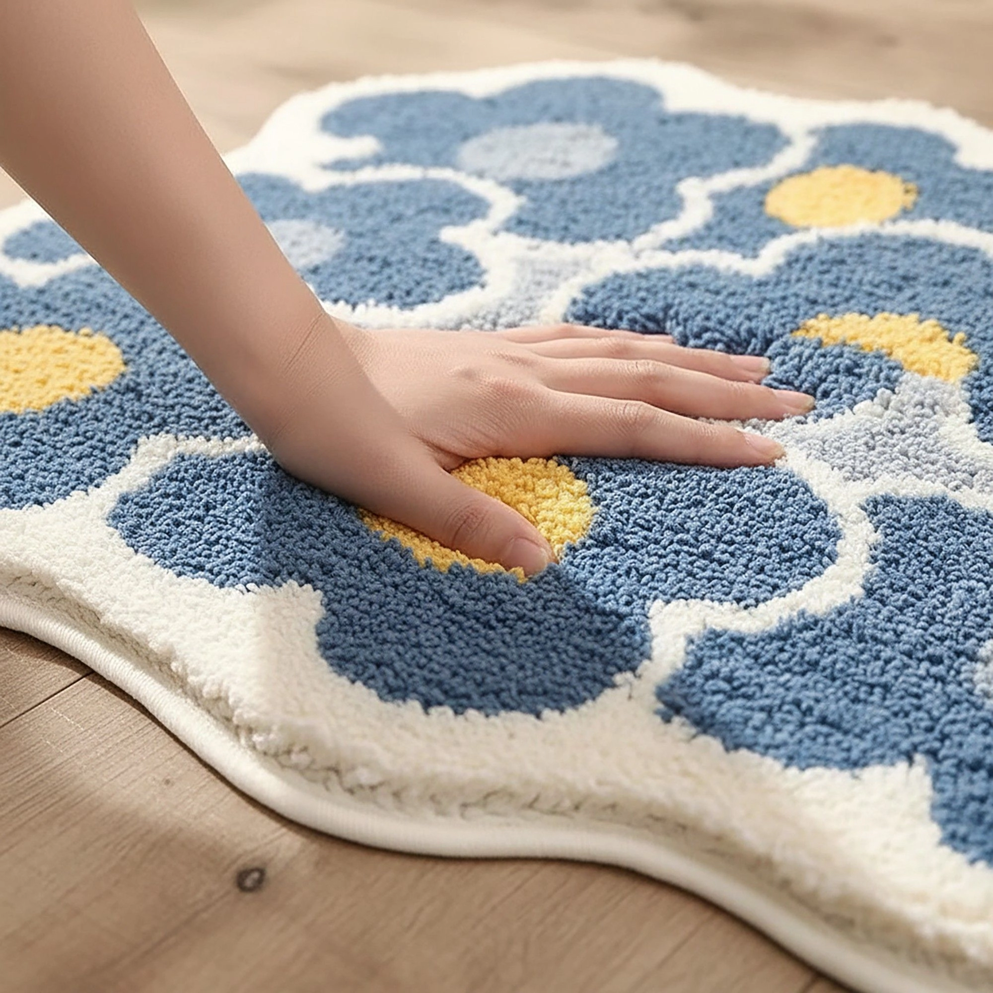 Alilang Unisex Tufted Floor Mat with Floral Daisy Pattern Non Slip Backing Soft Plush Decorative Scalloped Edge Rug