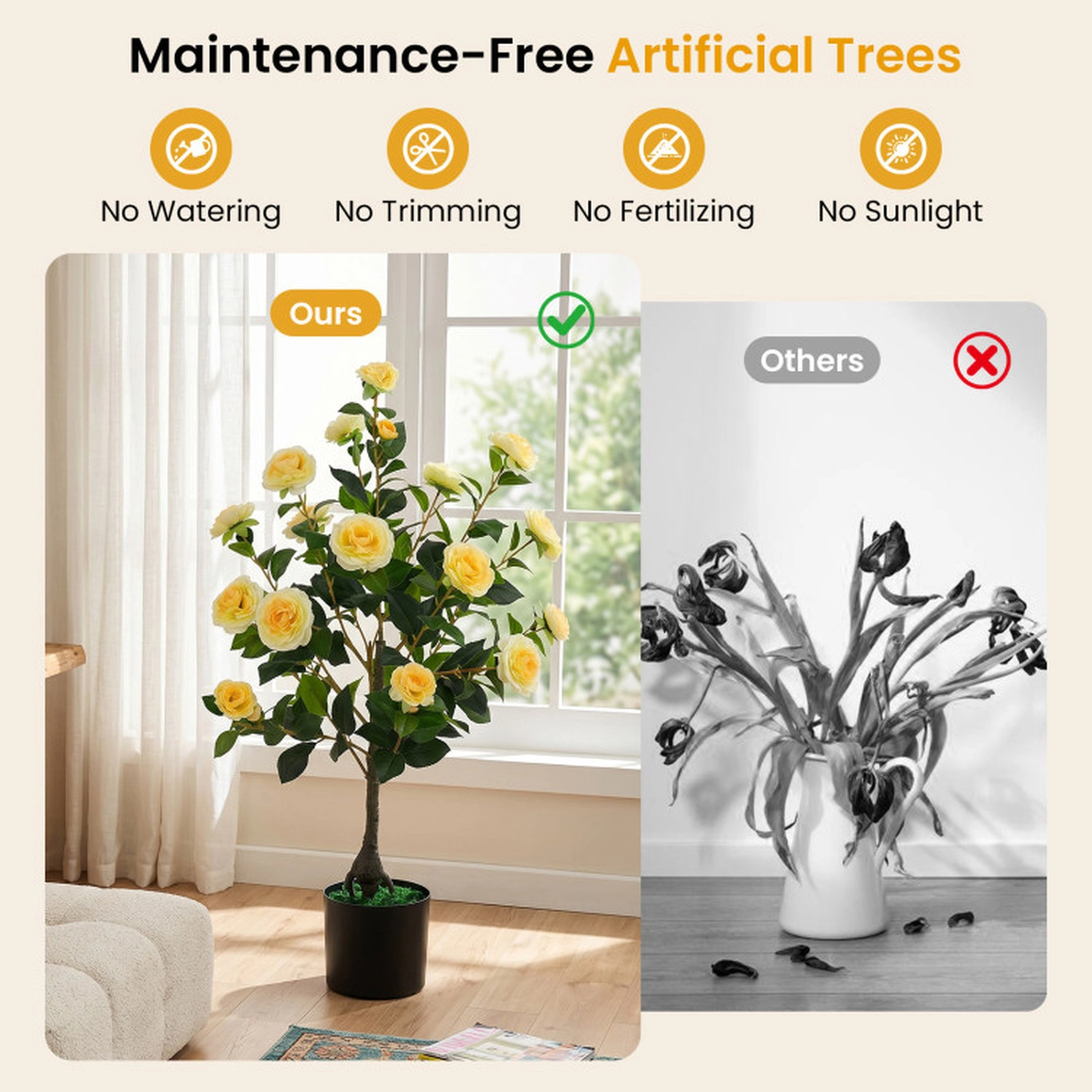 SUGIFT Artificial Camellia Tree Faux Flower Plant in Cement-Filled Pot 35.5-in Tall Yellow