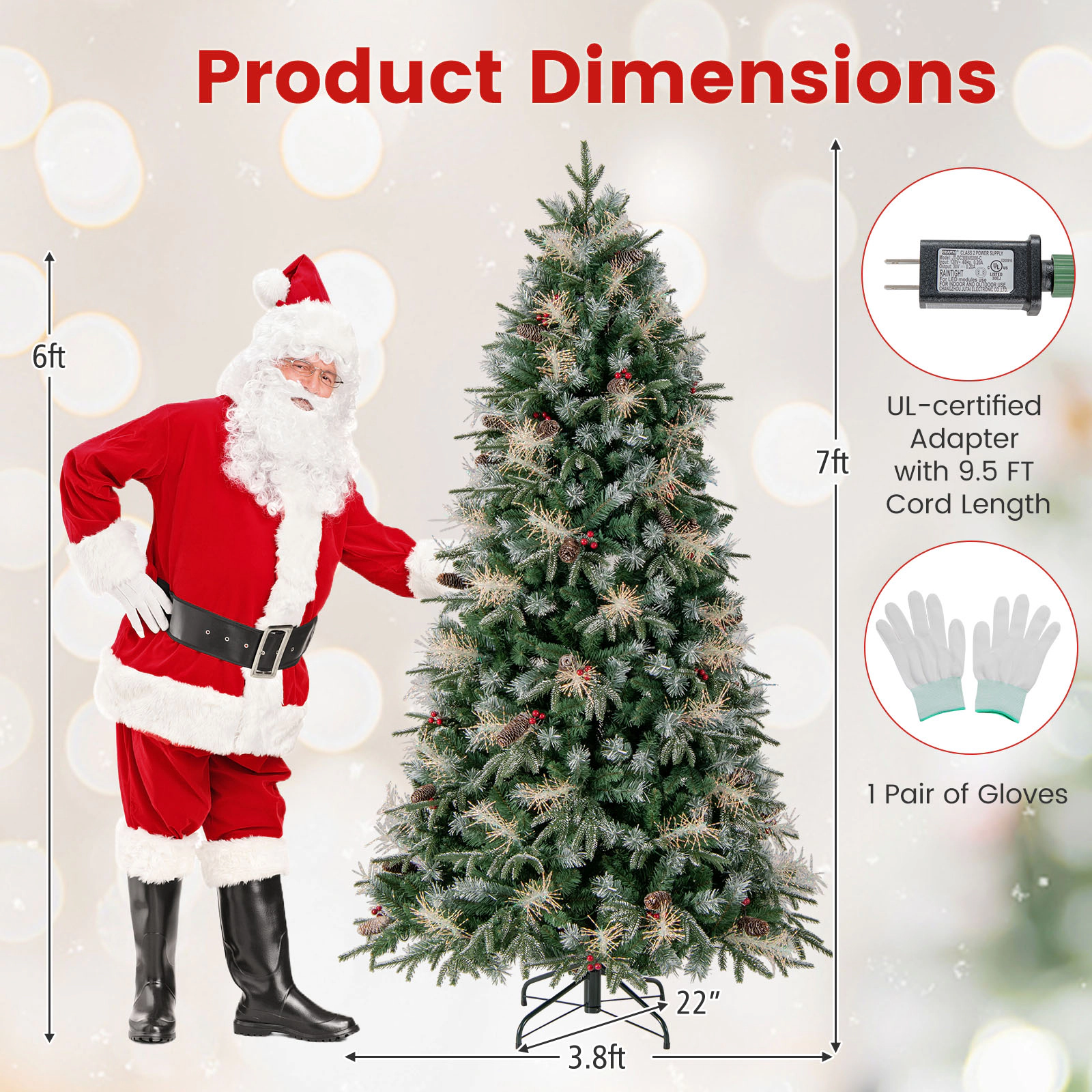 SUGIFT 7-ft Green Pre-Lit Artificial Christmas Tree with 350 LEDs 1072 Snow-Tipped Branches and Pine Cones