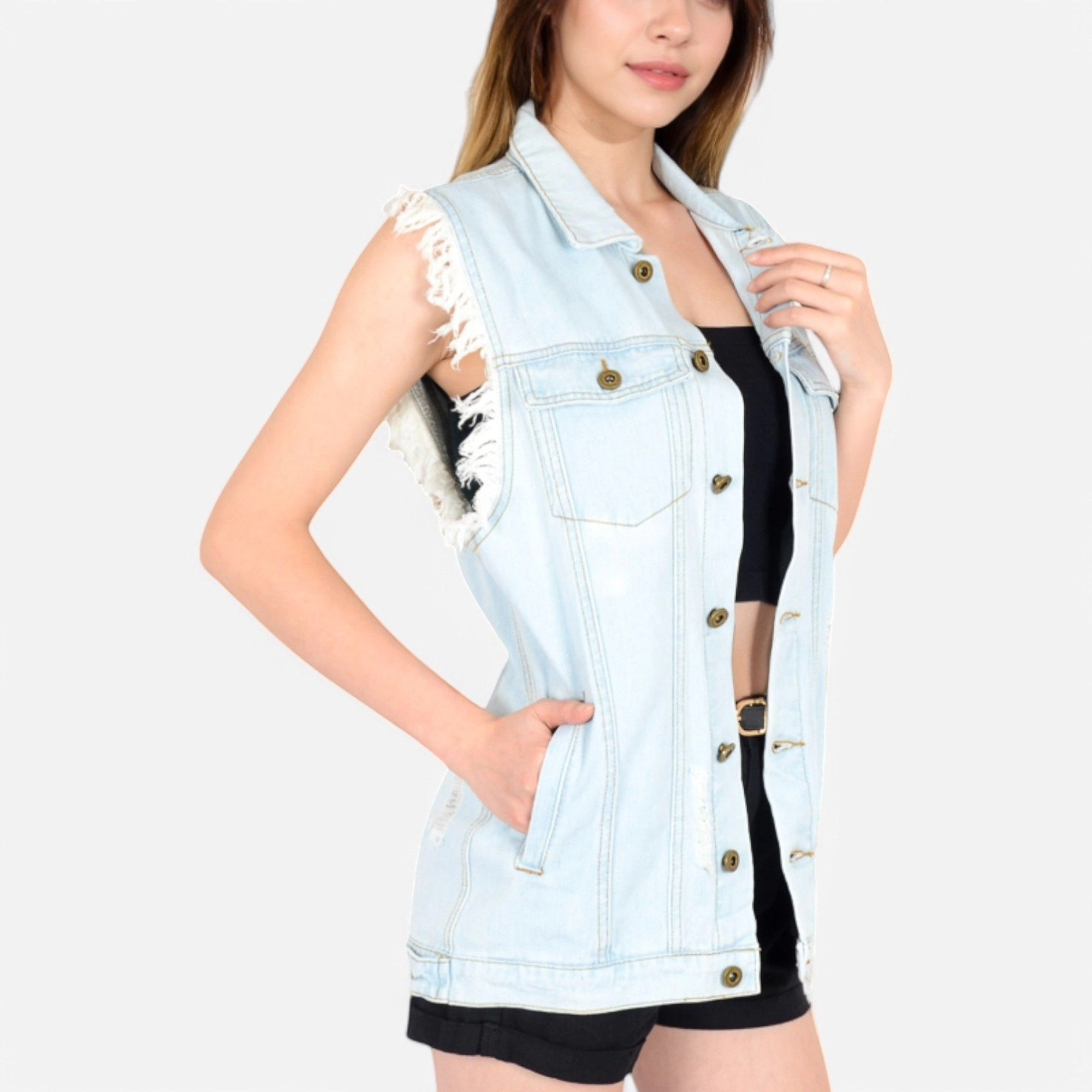 Anna-Kaci Women's Oversize Distressed Sleeveless Denim Vest