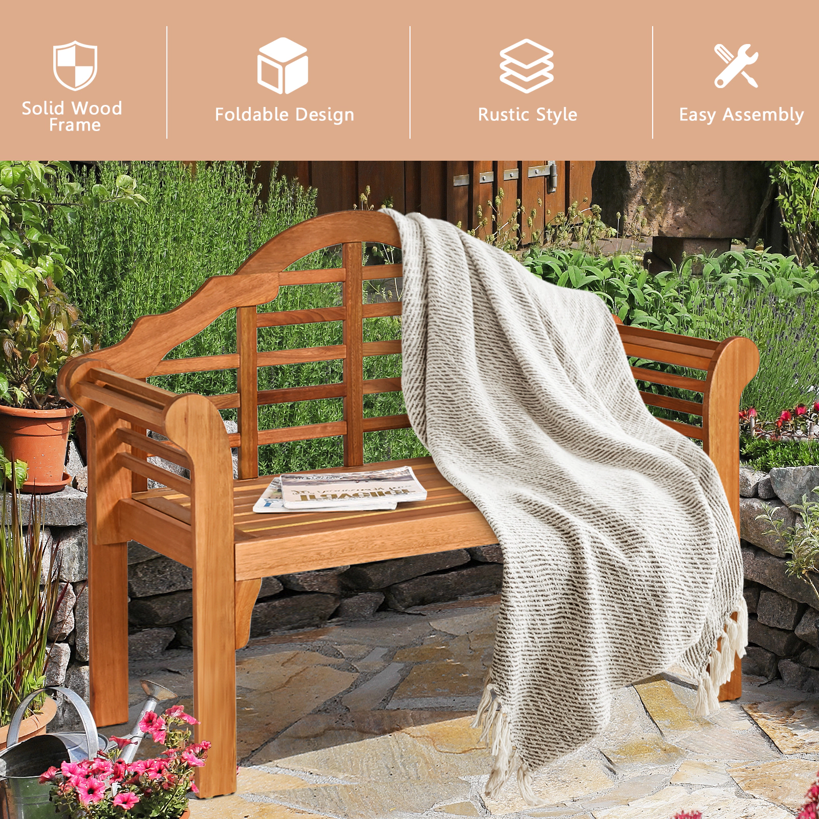 Hivvago 49 Inch Eucalyptus Wood Outdoor Folding Bench With Backrest Armrest For Patio Garden