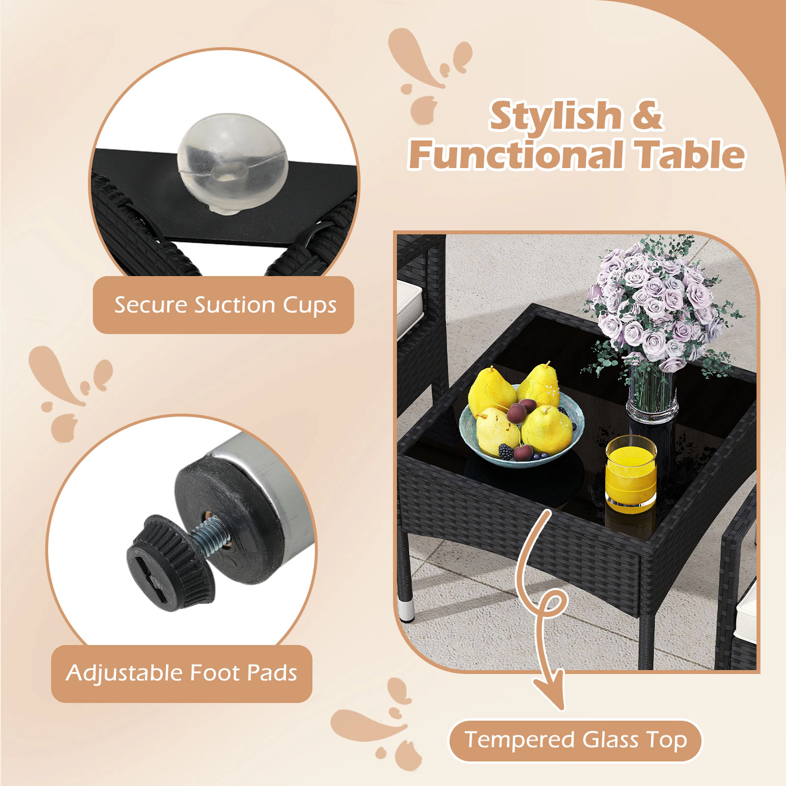 SUGIFT 3-Piece PE Rattan Patio Conversation Set Bistro Chairs & Table 400-lb Chair Capacity Black Rattan Beige Cushions