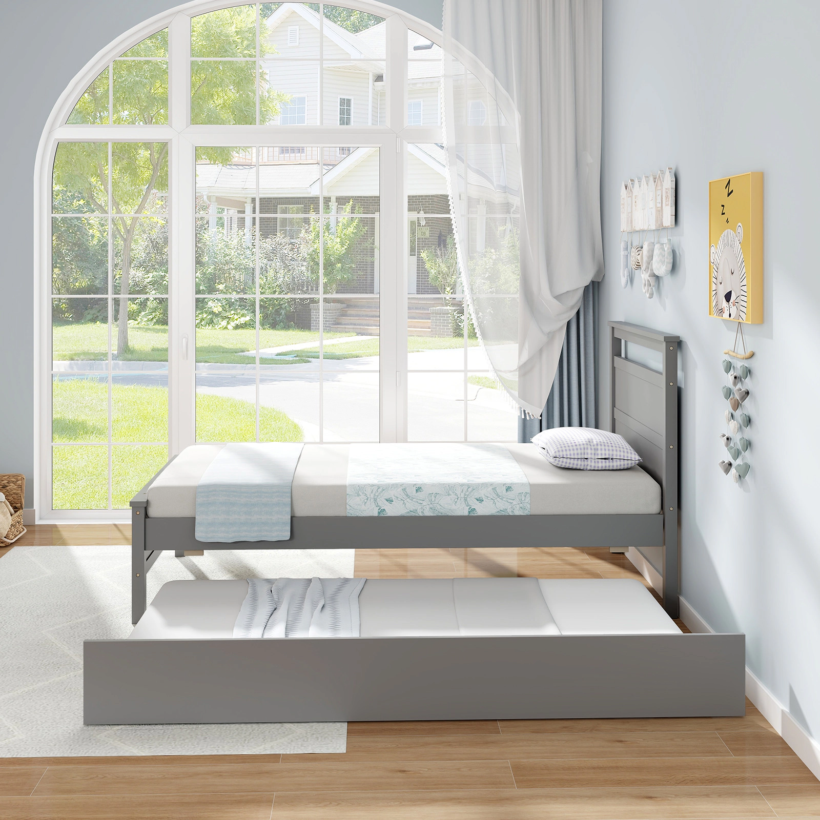 SUGIFT Twin Wooden Platform Bed with Pull-Out Trundle, Gray