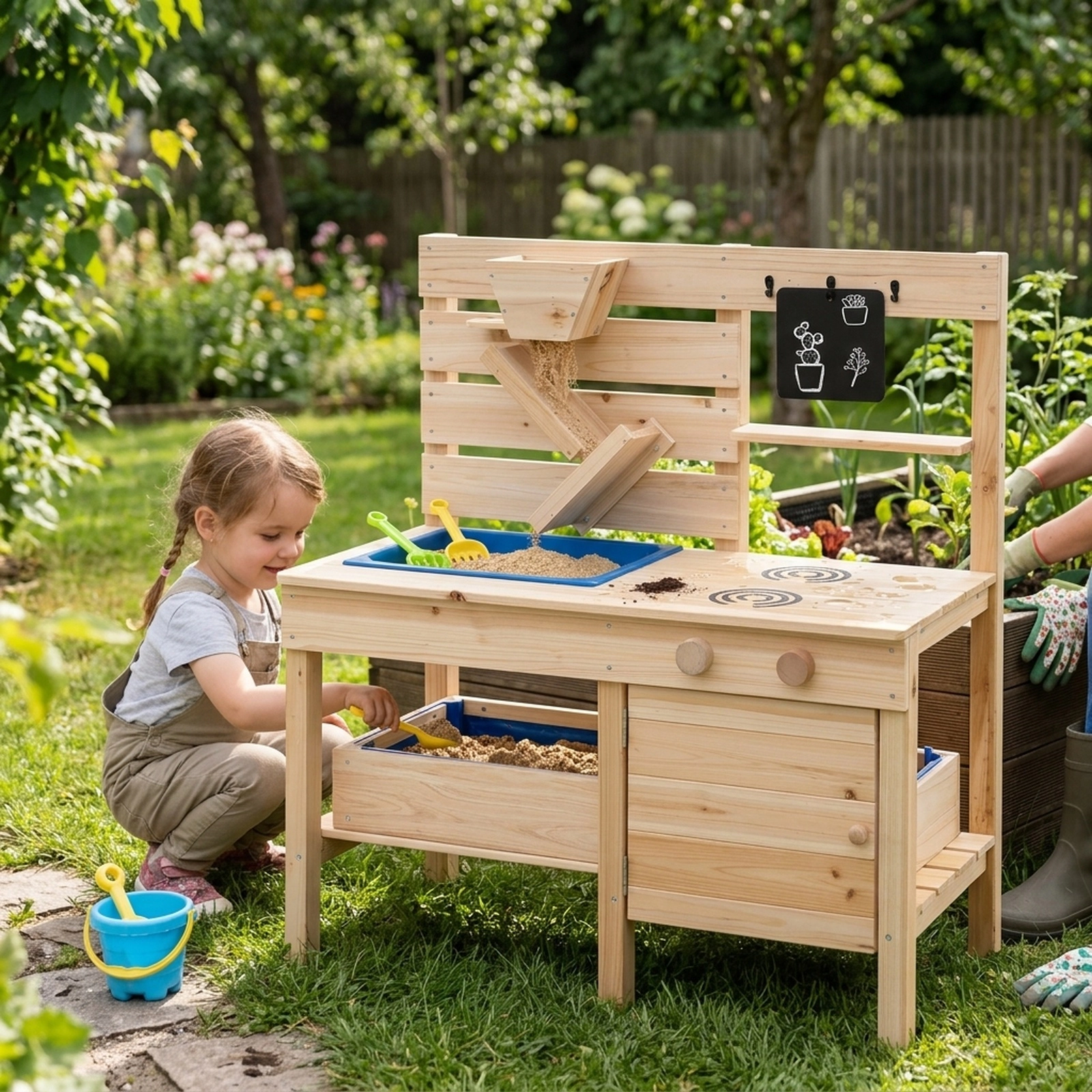 Outdoor Play Kitchen Detachable Sandbox Removable Sink Sand Funnel 31-in Fir Wood Mud Kitchen Ages 3-8 Natural