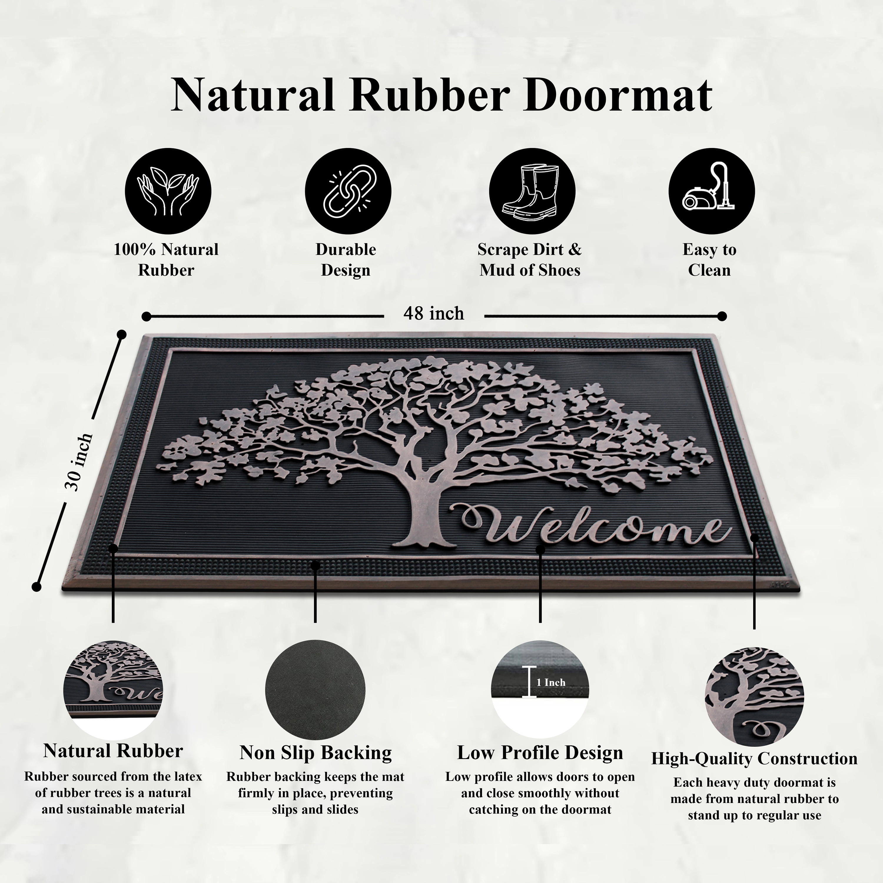 A1HC Rubber Door Mat 48x30 Inches Heavy Duty Non-Slip Low-Profile