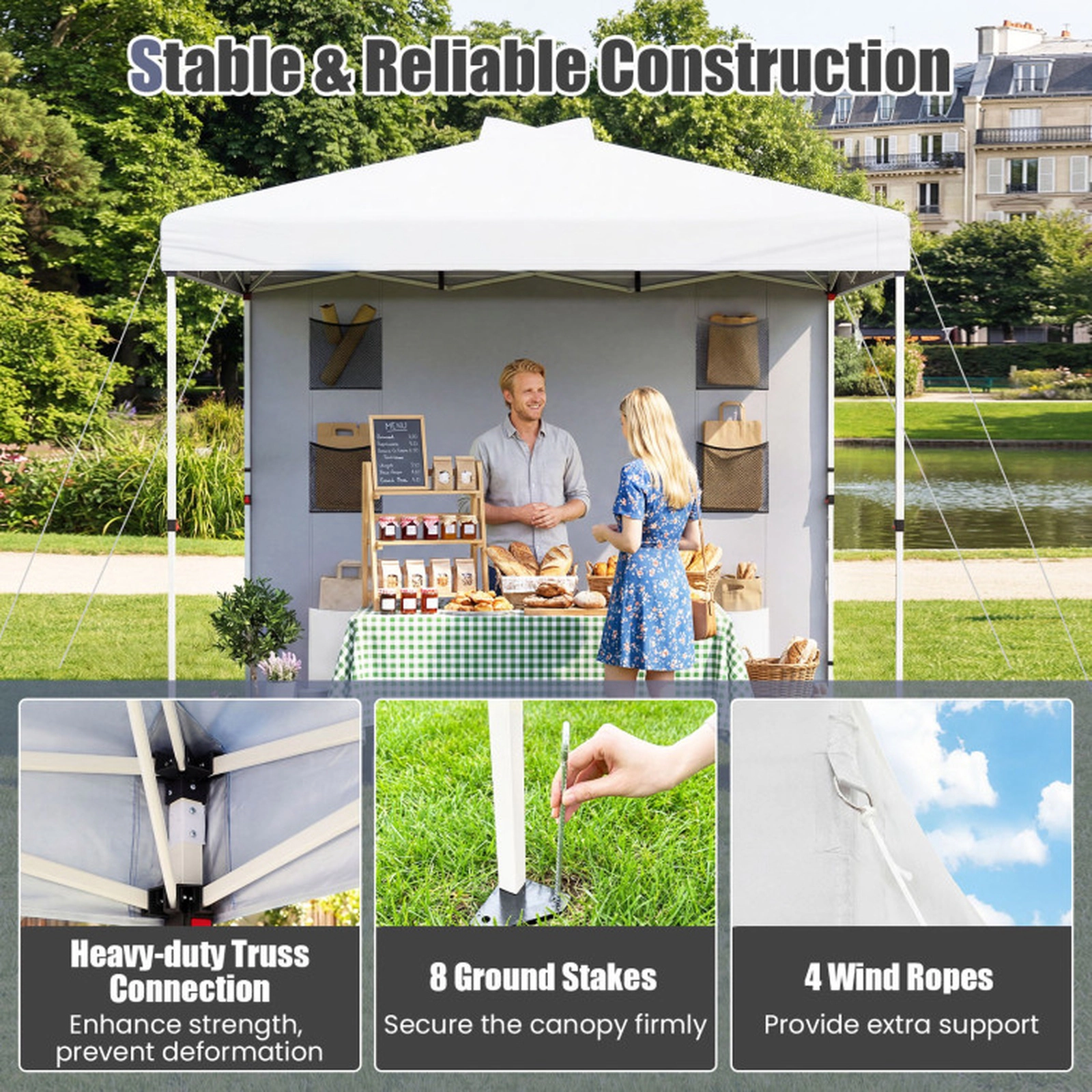 SUGIFT 10 ft x 10 ft White Pop-Up Canopy Tent, Adjustable Height, Sidewall and Storage Pockets