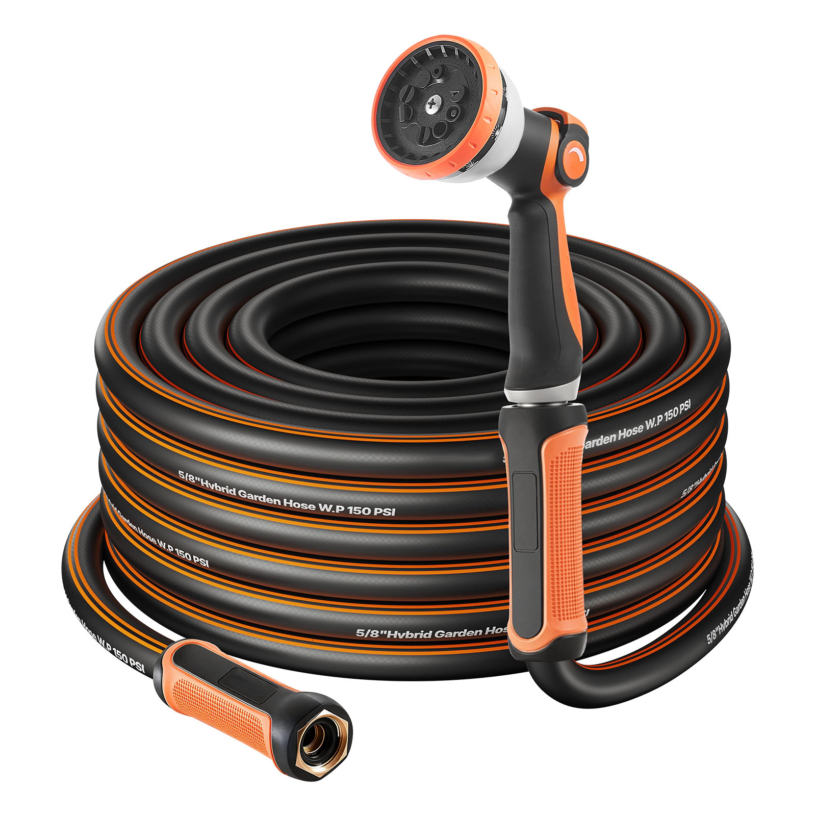 HONGGE 150ft Garden Hose with 10-Pattern Spray Nozzle, 5/8" Heavy Duty 4-Layer Rubber, 150/600 PSI