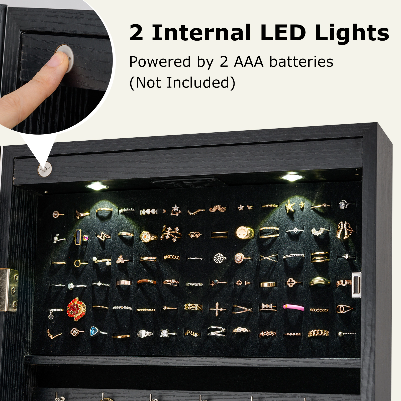 SUGIFT Black Lockable Freestanding Jewelry Cabinet Armoire with Full-Length Mirror LED Lights and Anti-Tip Strap