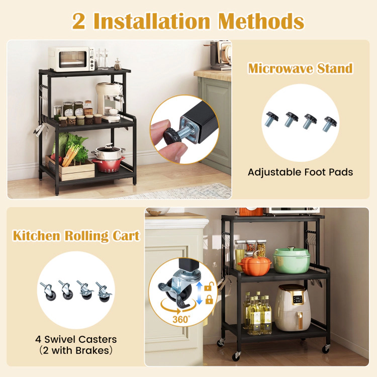 Hivvago 3-Tier Rolling Microwave Cart with Power Outlet and Lockable Wheels 10 Hooks