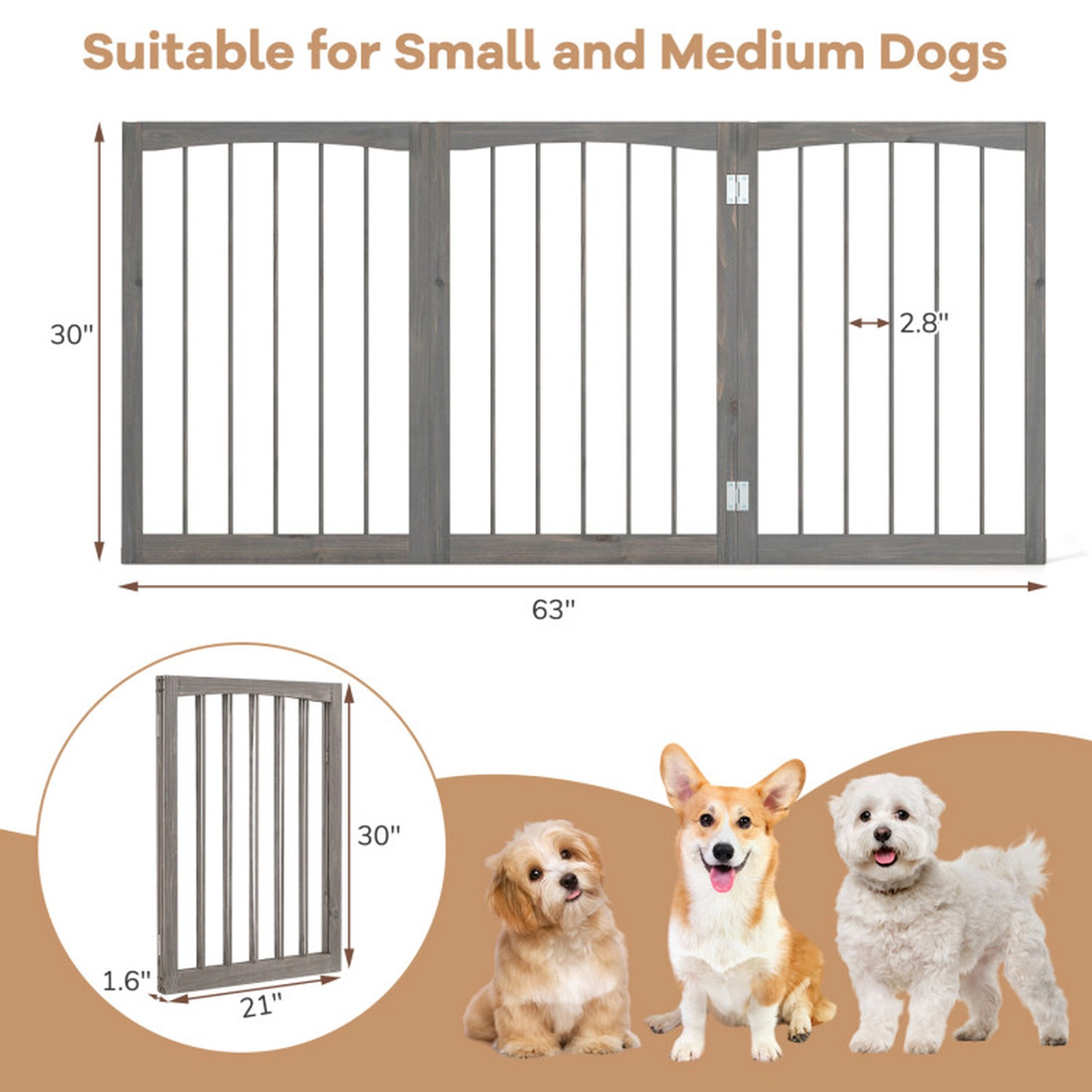 SUGIFT 30-in Tall Wooden Freestanding Pet Fence Dog Gate with 3 Rotating Panels for Cats and Small Dogs