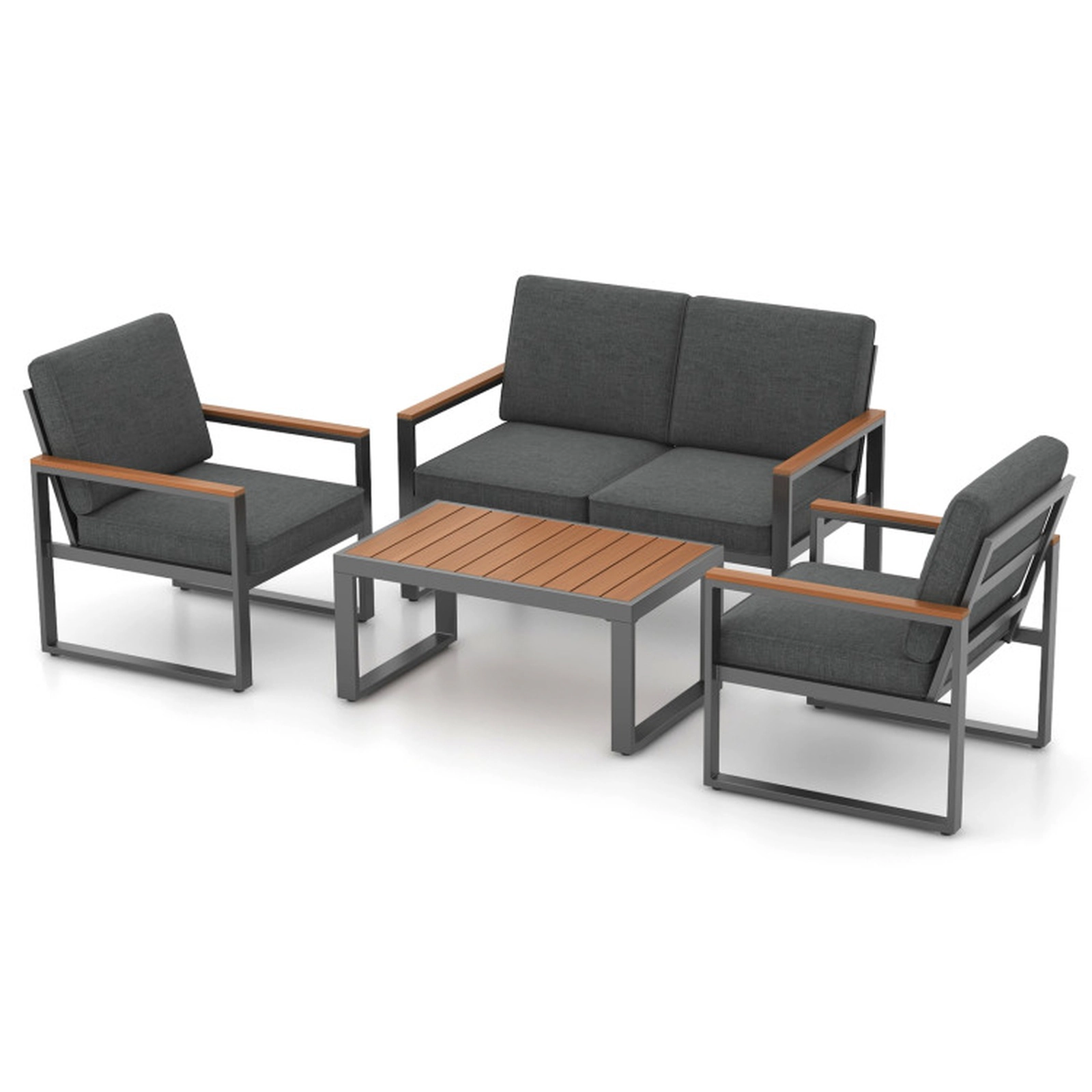 SUGIFT 4-Piece Gray Aluminum Patio Conversation Set with Loveseat, 2 Armchairs and Coffee Table