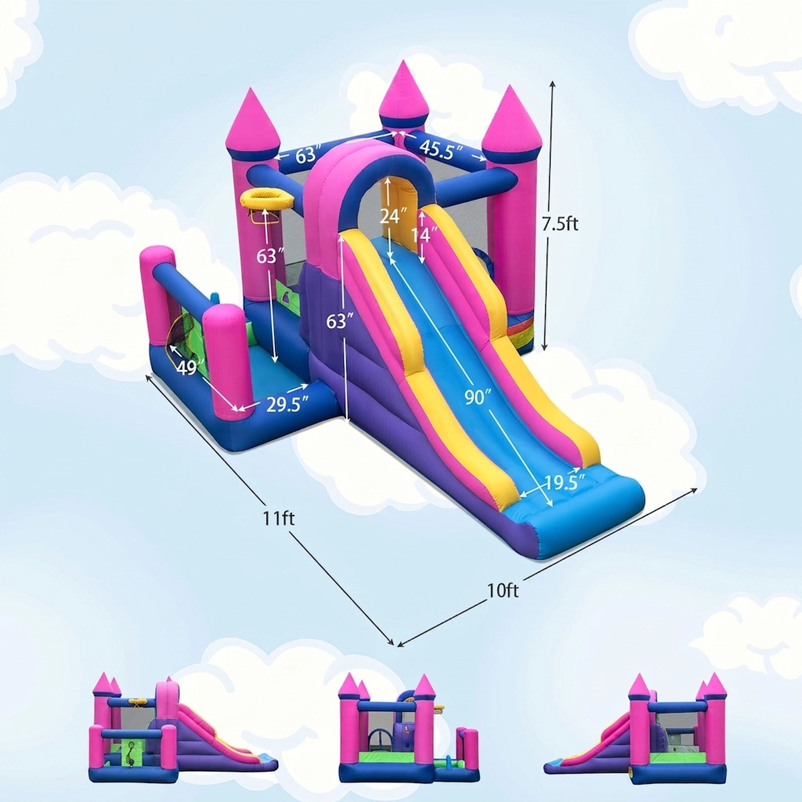 7-in-1 Kids Inflatable Bounce House with 90.5-in Long Slide Basketball Ring Toss Ball Pit and 735W Blower