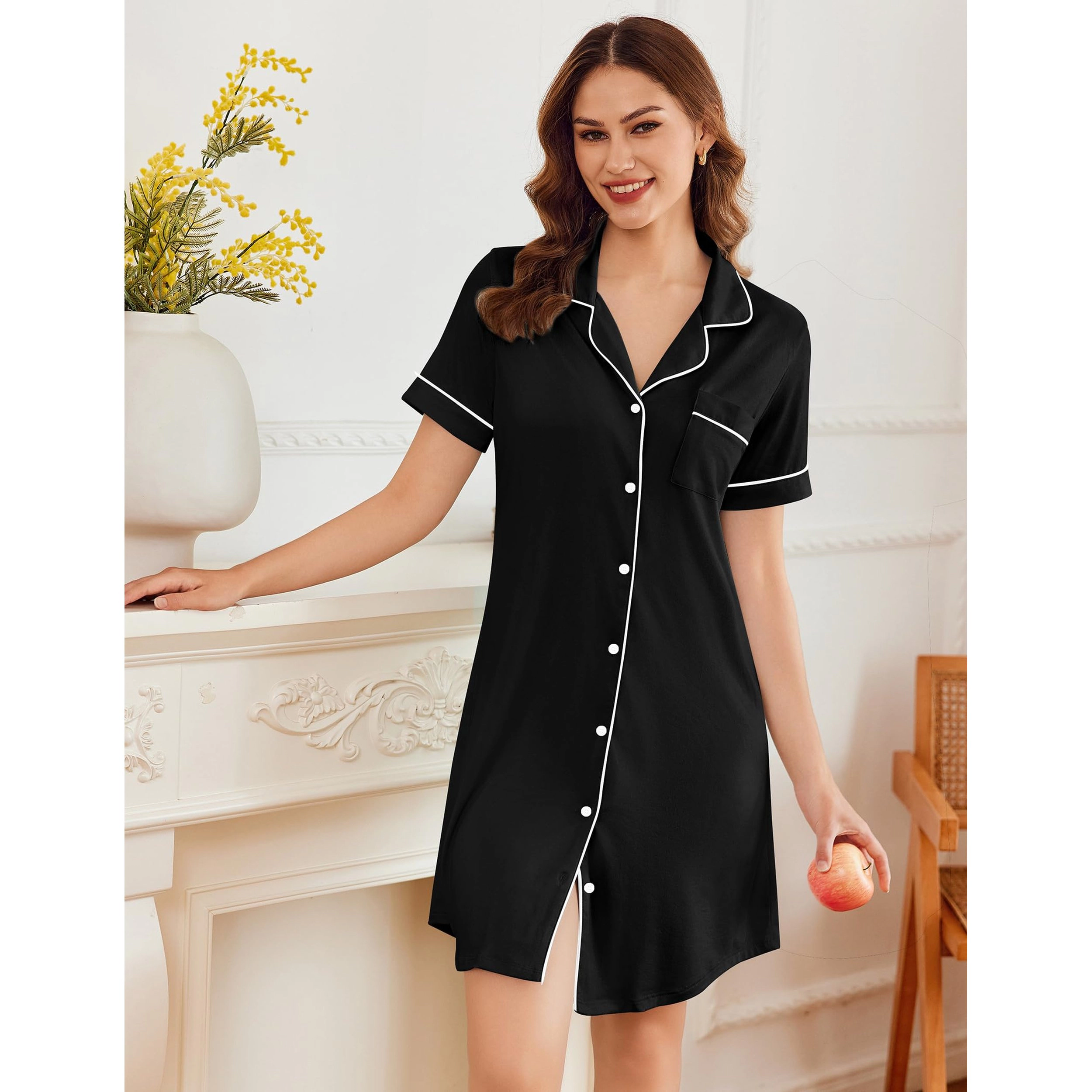Ekouaer Women's V Neck Short Sleeve Button Down Nightgown Sleepshirt