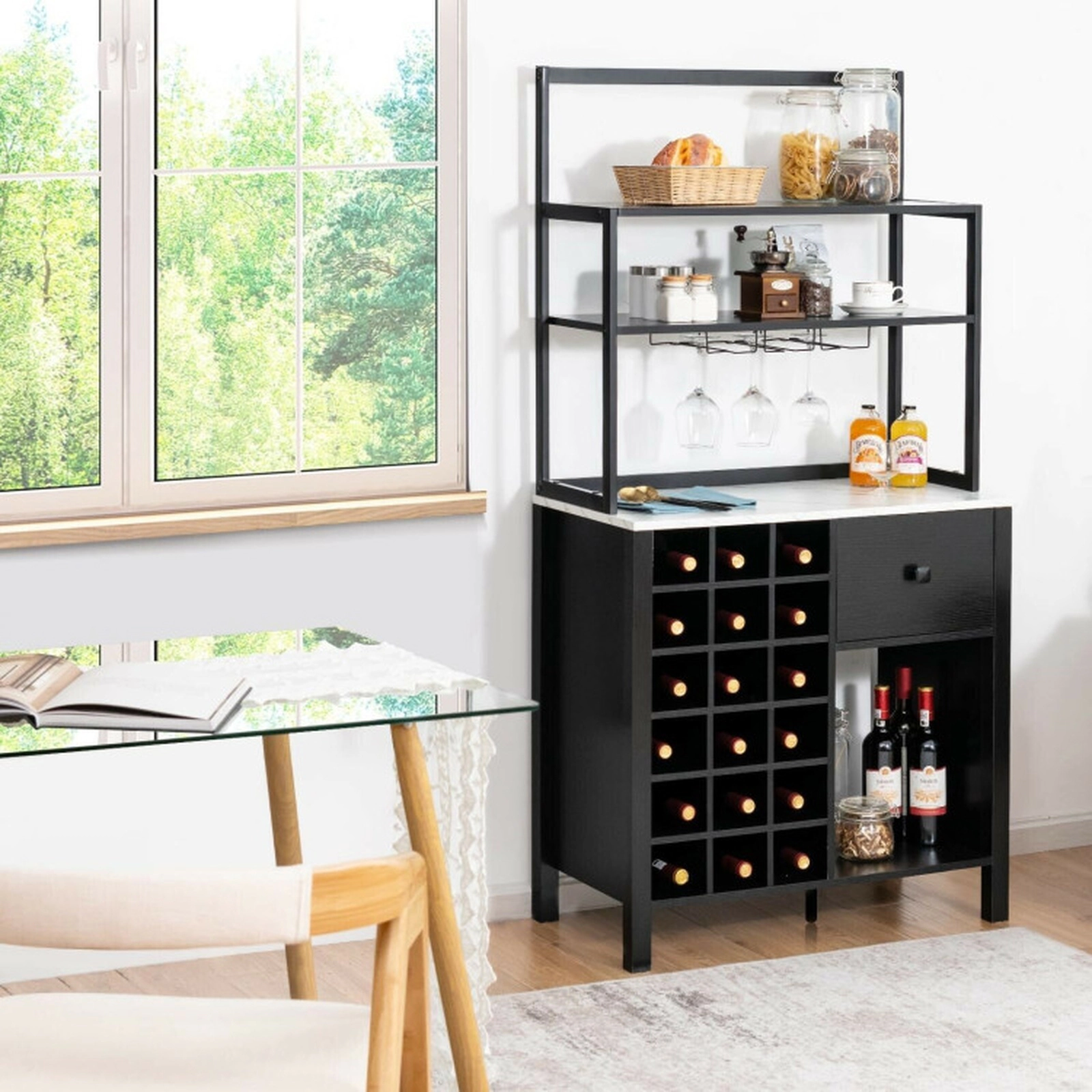 SUGIFT 64-in 3-Tier 66-lb Shelf Black Bakers Rack with 18-Bottle Wine Rack Glass Holder and Drawer