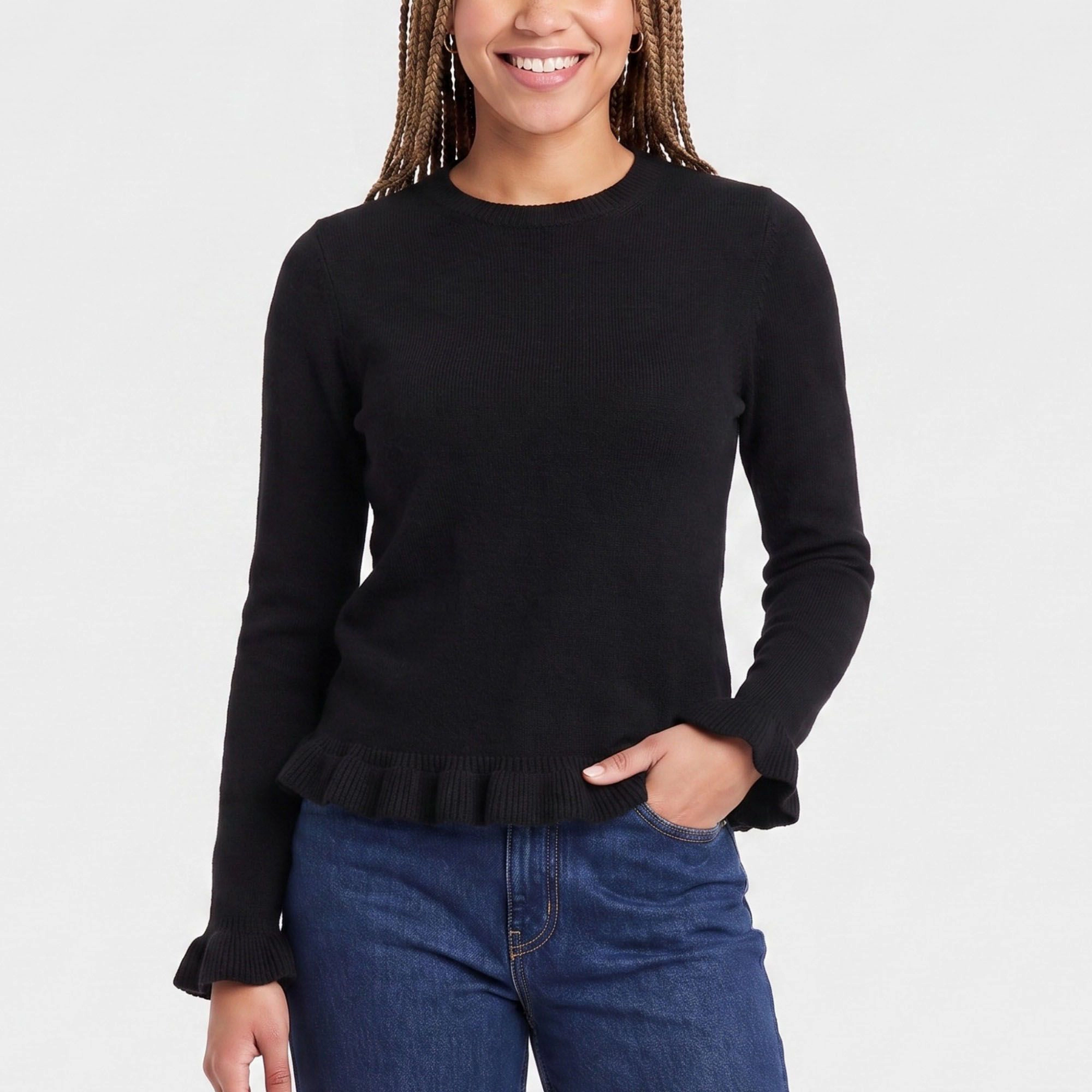 Anna-Kaci Women's Ruffle Hem Crew Neck Long Sleeve Knit Sweater