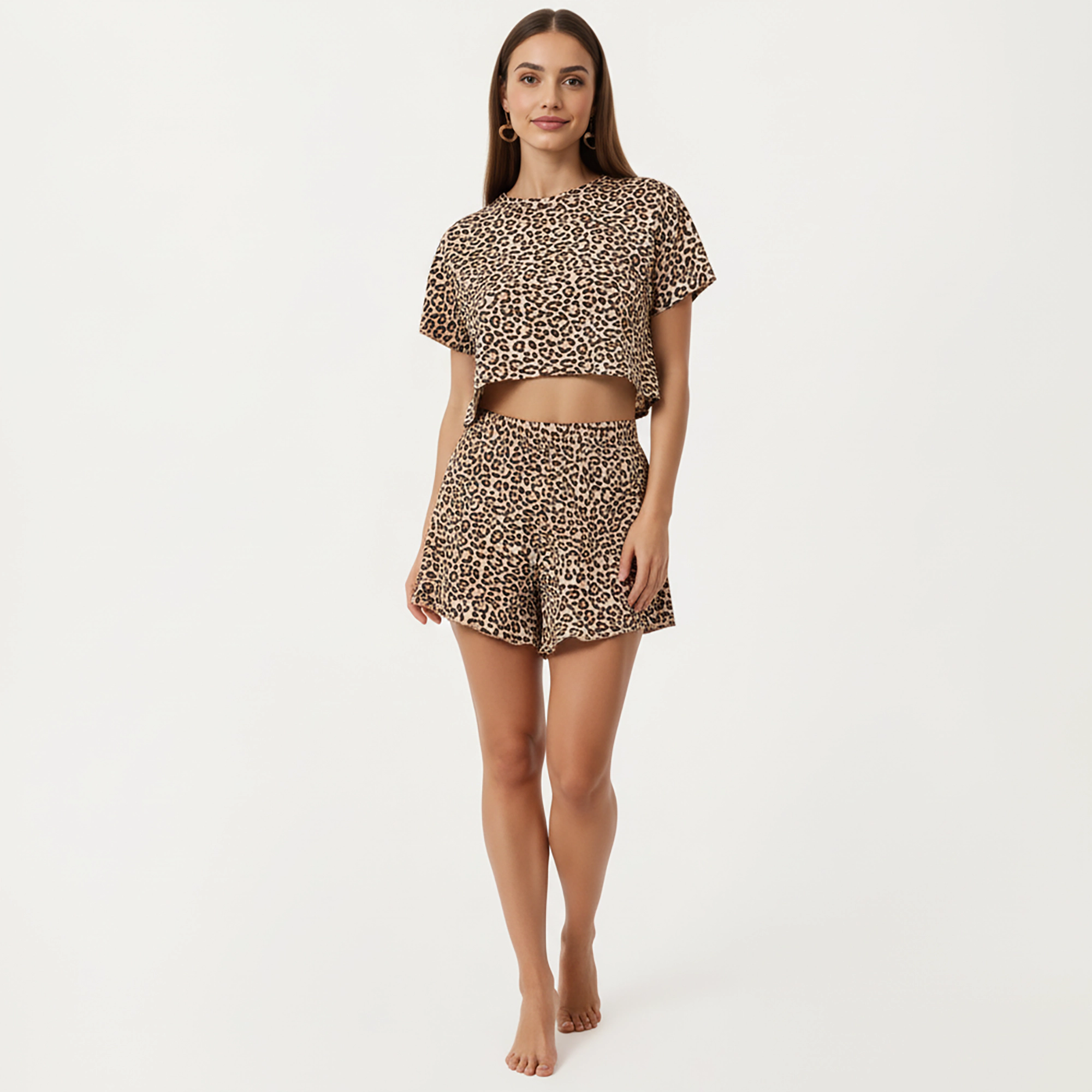 Anna-Kaci Women's Leopard Print Pajama Set with Short Sleeve Crew Neck Crop Top and Matching Elastic Waist Shorts