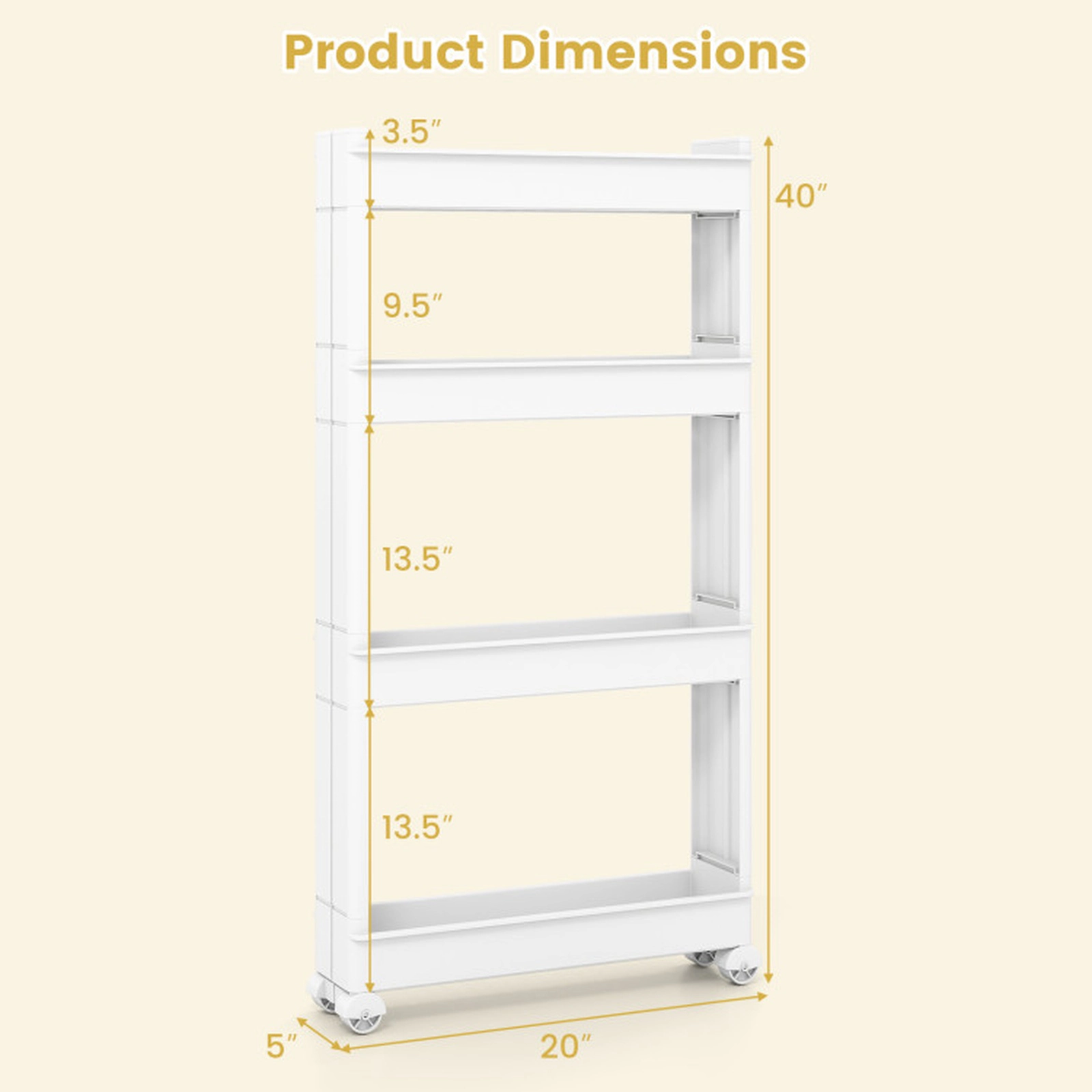SUGIFT 4-Tier Slim Storage Trolley Cart with Detachable 3.5-in Trays 80-lb Capacity White