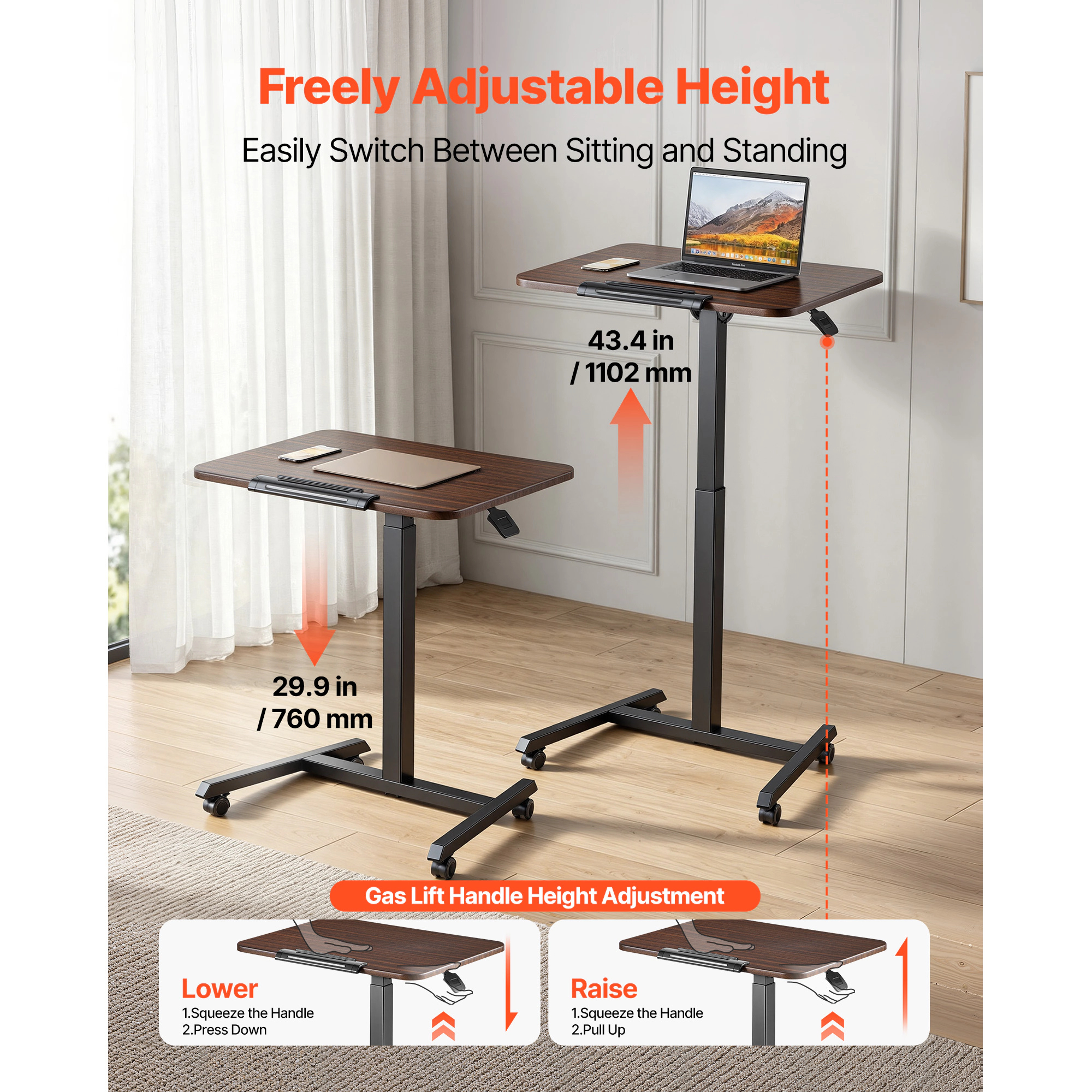 HONGGE Adjustable Height Standing Desk with 90° Tilting Top, 25.6 x 19 in Rolling Sit-Stand Workstation, Brown