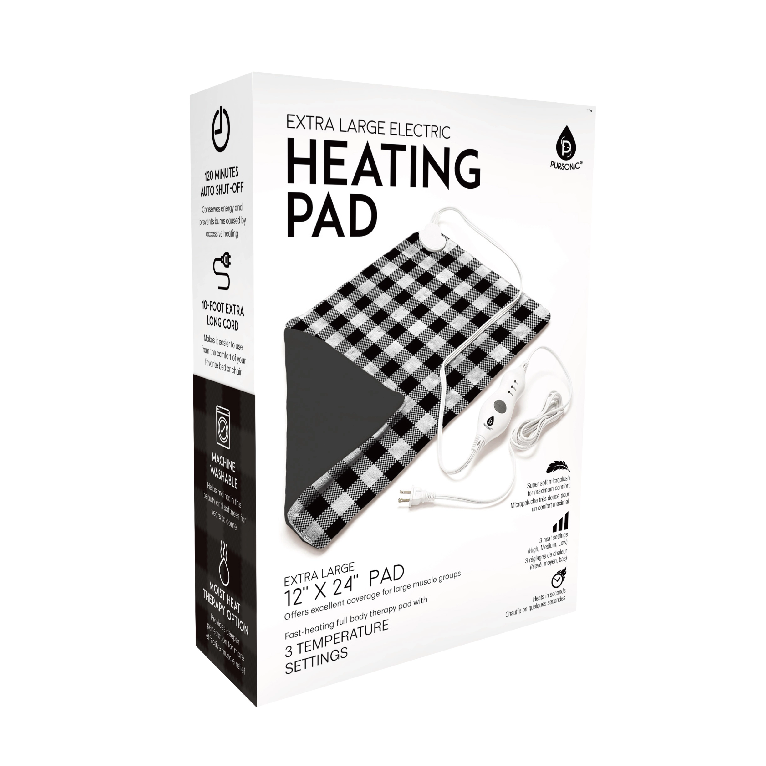 Pursonic Unisex Electric Heating Pad with 3 Heat Settings, Moist Therapy, Ultra-Soft Microplush Fabric & 12" x 24" Full Body Heated Therapy
