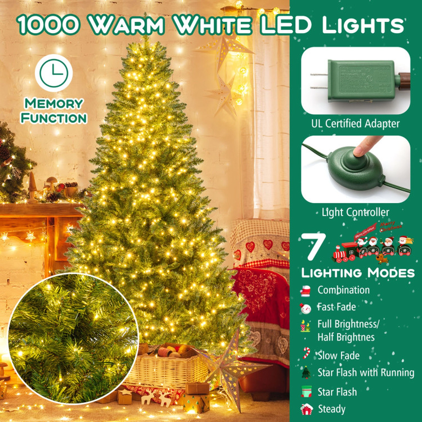 SUGIFT 7-ft Green Pre-Lit Artificial Christmas Tree with 1000 Warm White LEDs 990 Tips and Memory Function