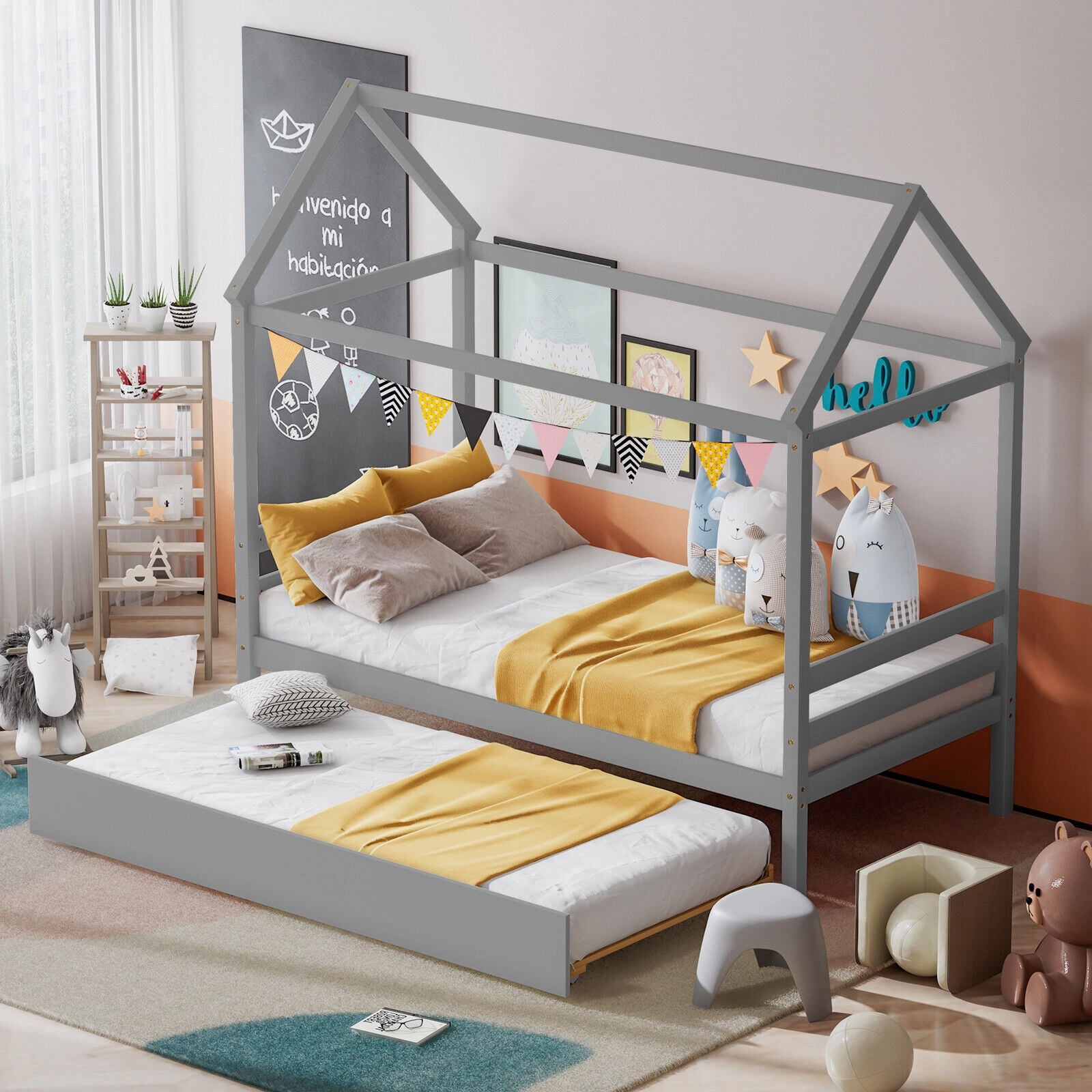 SUGIFT Gray Roof and Pull-Out Trundle Twin Size Kids House Bed Frame