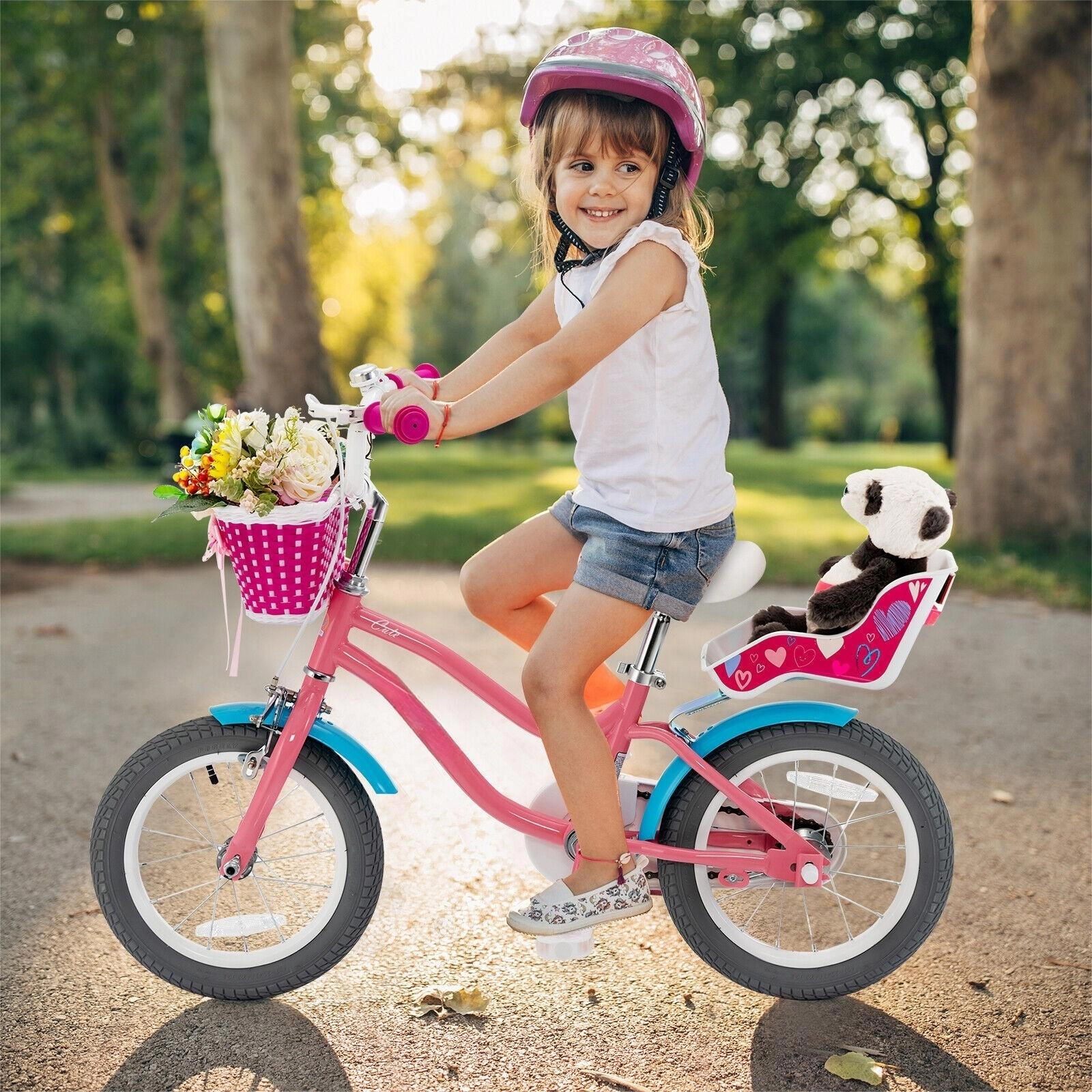 SUGIFT Kids Bicycle with Training Wheels Basket and Doll Seat 110-lb Capacity Ages 4-8 Pink 14-Inch Wheel