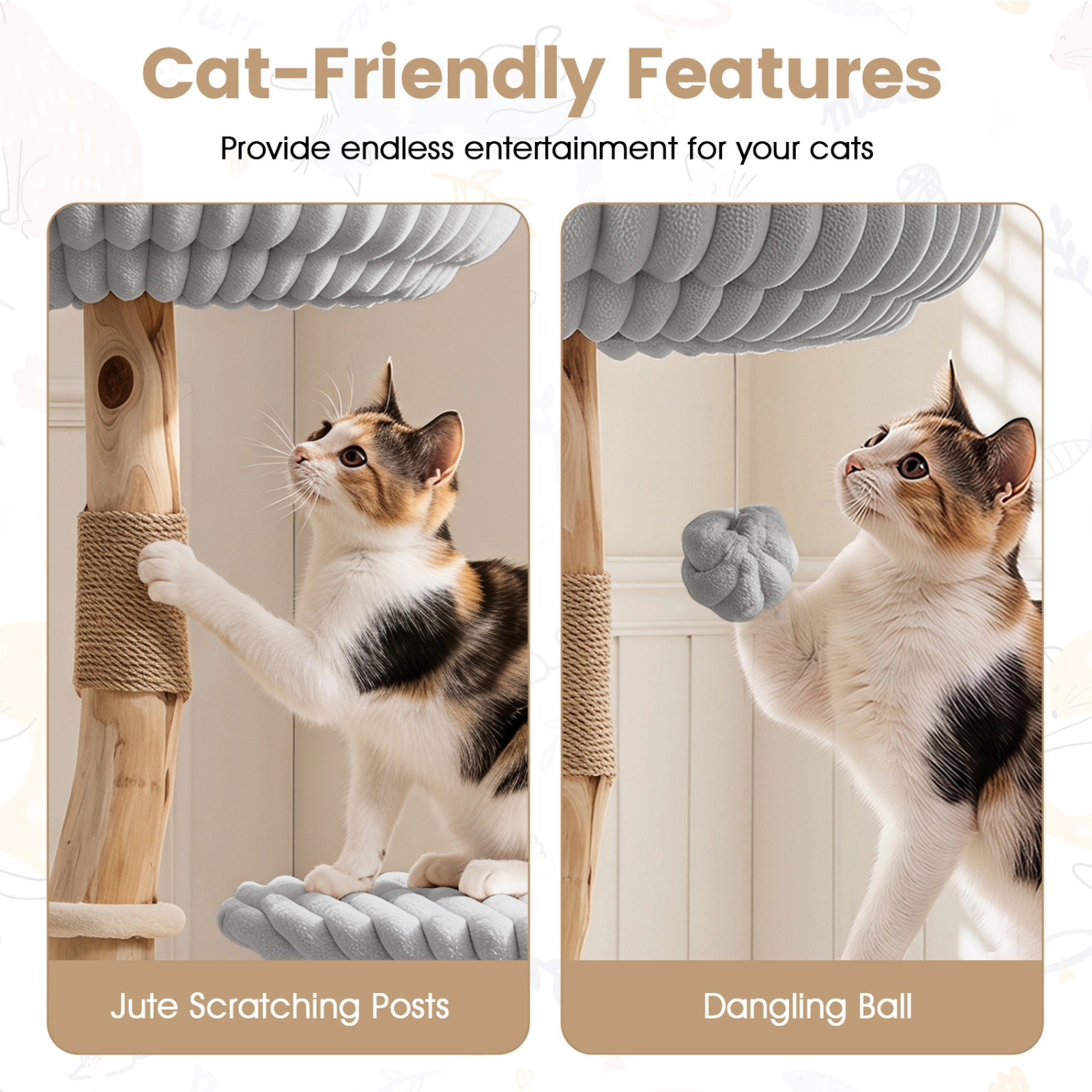 SUGIFT 41-in Solid Wood Cat Tree with Real Pear Wood Branches 16-in Top Perch and Washable Cushion Bed