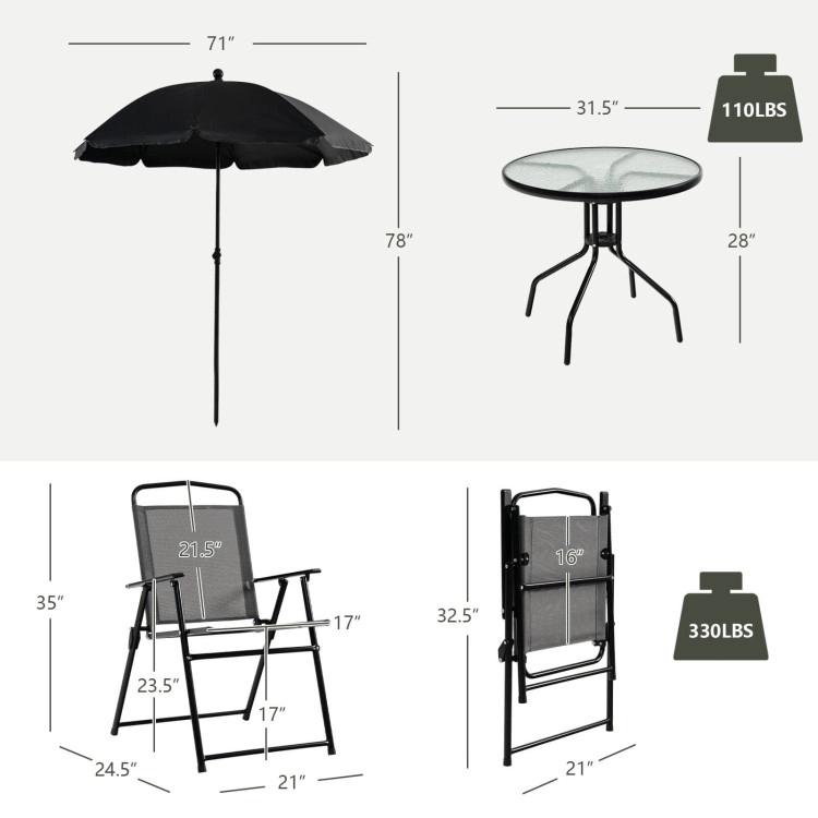 Hivvago 6 Pieces Patio Dining Set Folding Chairs Glass Table Tilt Umbrella For Garden