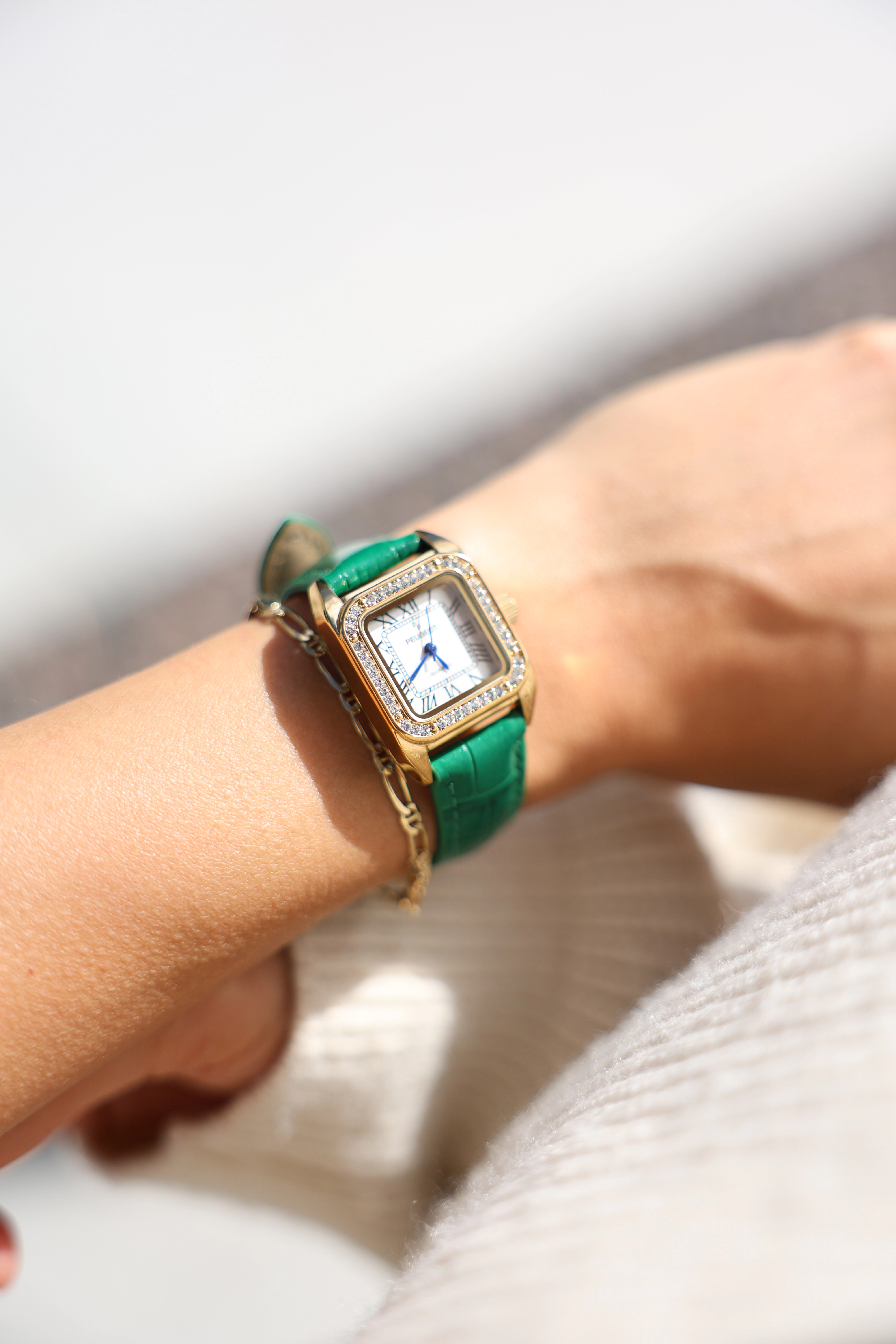 Peugeot Women's 34x24mm Tank Watch with Crystal Bezel Green Leather Strap