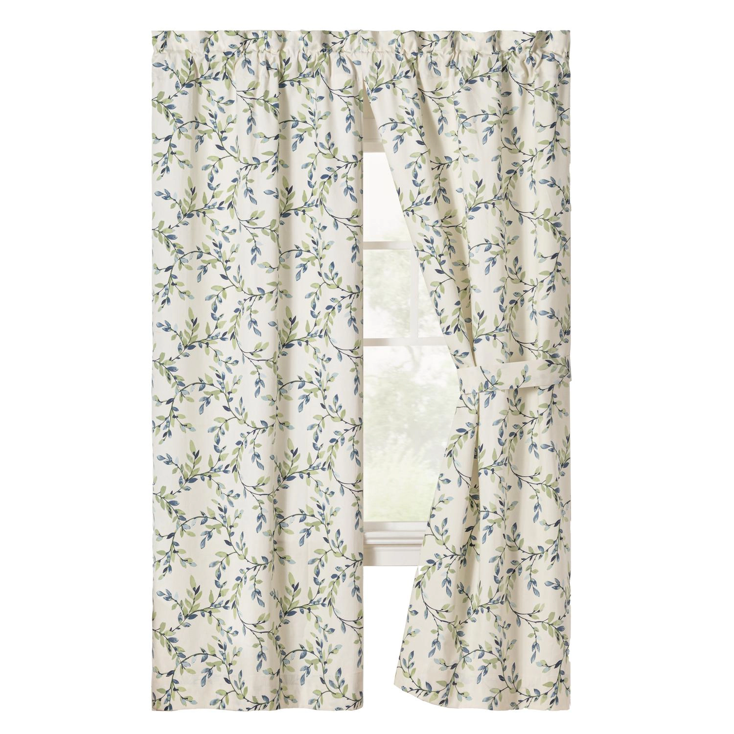 Ellis Vintage Stylish Medium Scale Printed Vine Pattern 1.5" Rod Pocket Tailored Pair for Windows and Ties 56"x84" Azure
